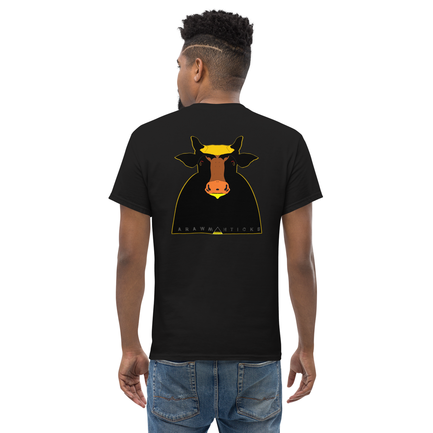 Male Model Wearing Black T-Shirt with Large Black and Gold Holy Cow Back Print - ARAWMANTICKS