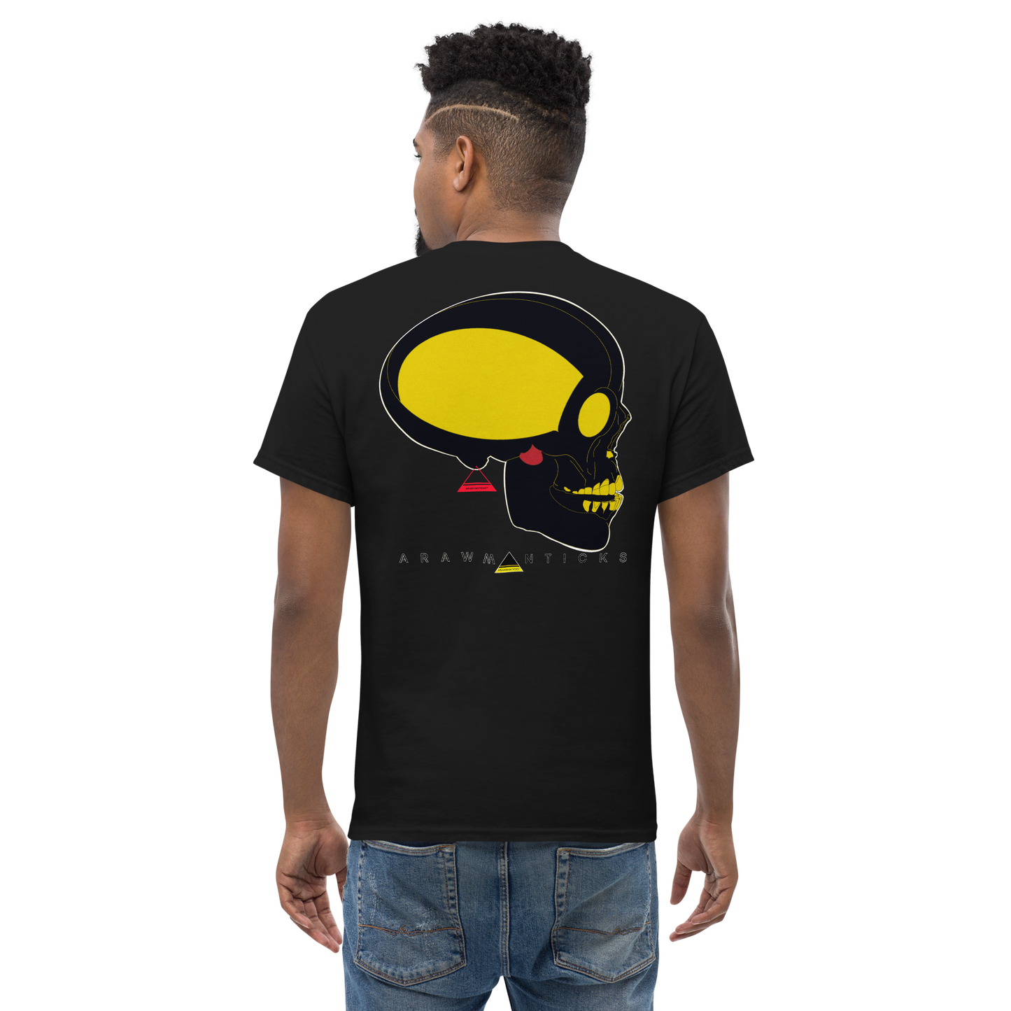 Male Model Wearing Black T-Shirt with Large Black and Gold Skull Back Print - ARAWMANTICKS