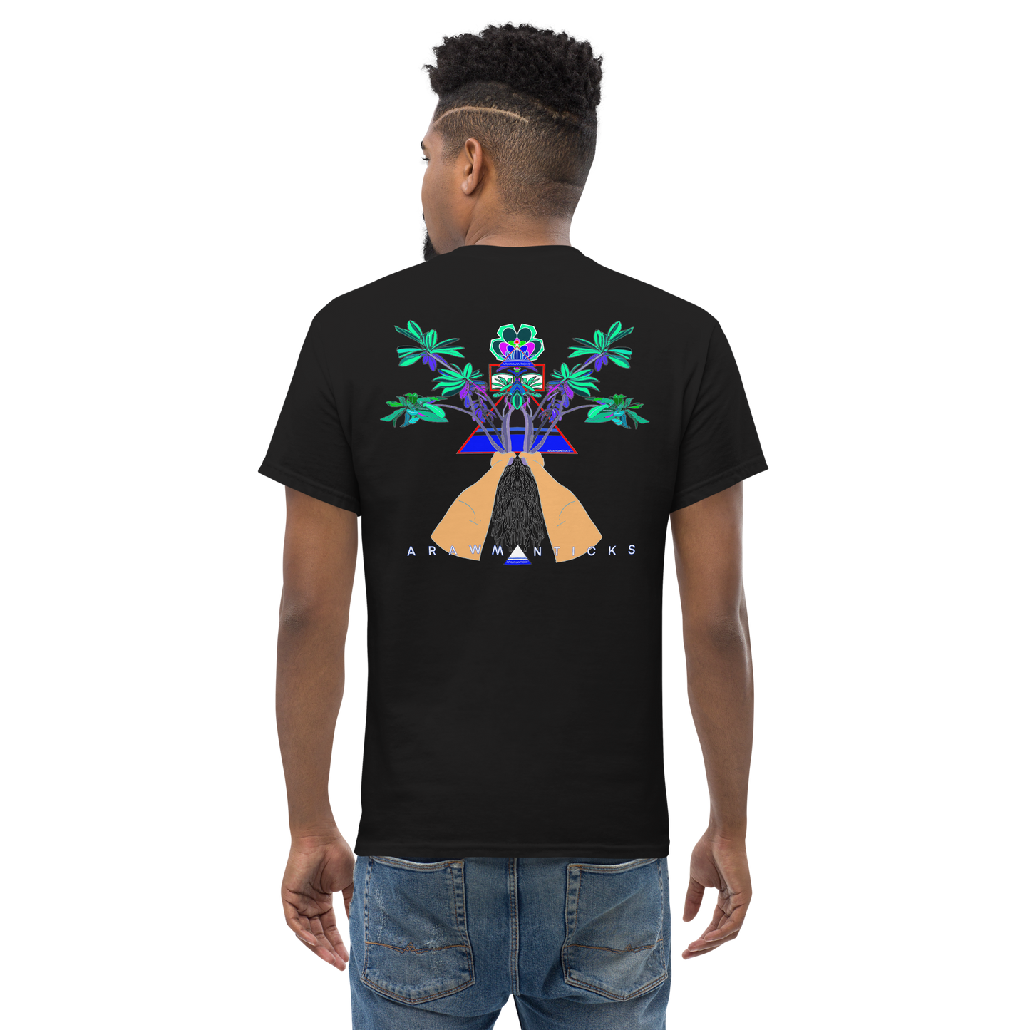 Male Model Wearing Black T-Shirt with Large Blue Floral Desert Rose Back Print - ARAWMANTICKS