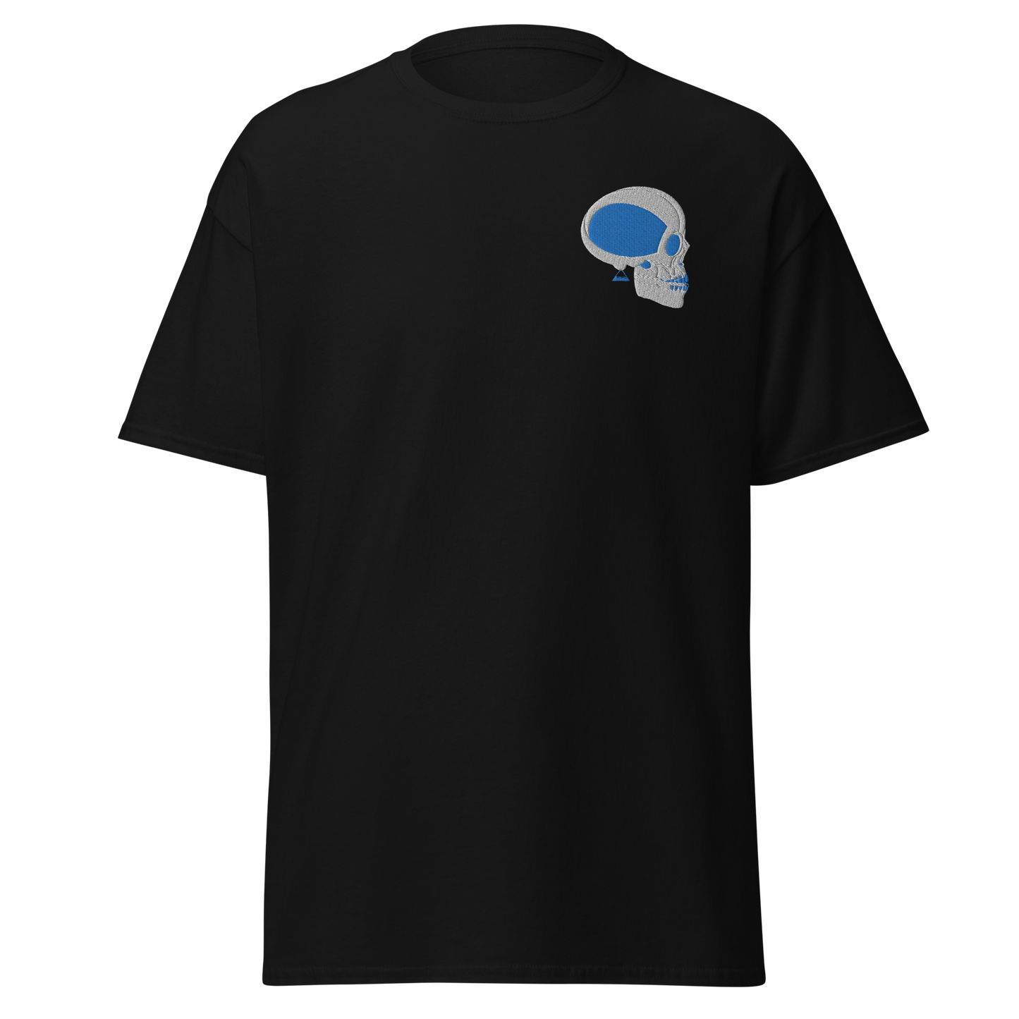 Black T-Shirt with White and Blue Skull Front Embroidery - ARAWMANTICKS Ghost Mockup
