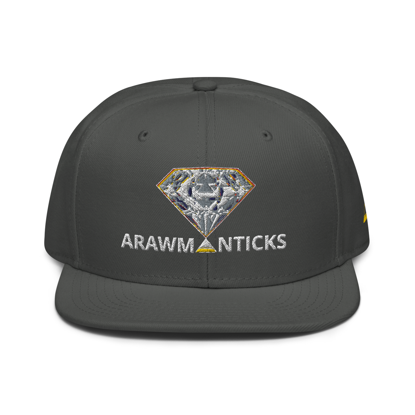 Charcoal Grey Snapback Hat with Bright Diamond 'A' Front Embroidery - ARAWMANTICKS Front Mockup