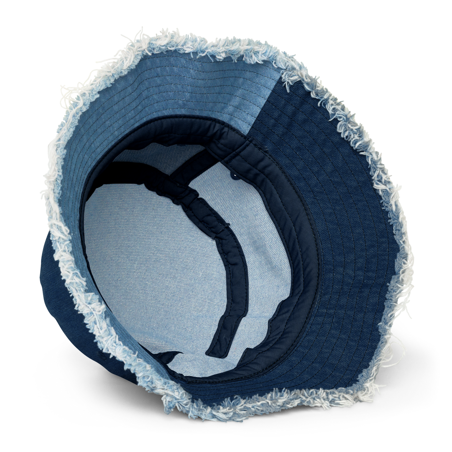 Inside Detail of Light & Classic Denim Distressed Bucket Hat with All Seeing Eye Embroidery - ARAWMANTICKS