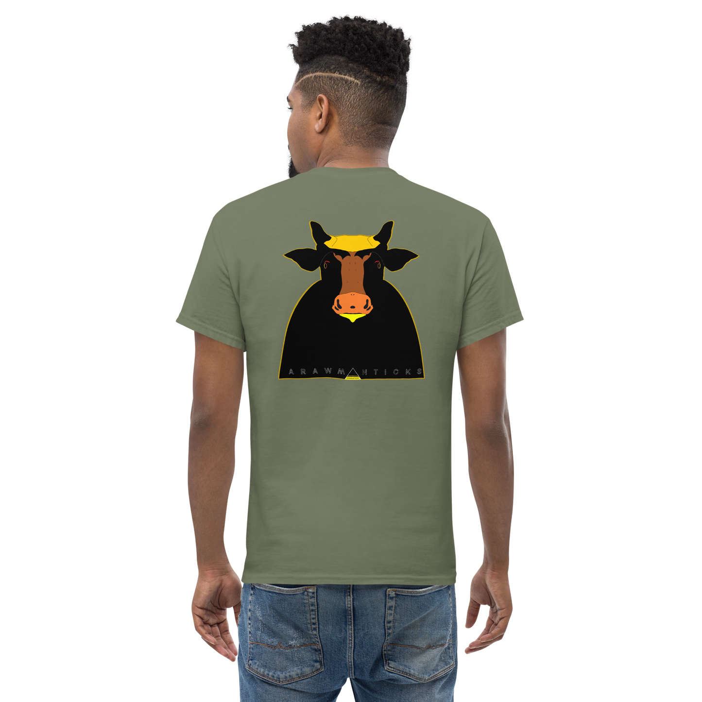 Male Model Wearing Military Green T-Shirt with Black and Gold Holy Cow Design - ARAWMANTICKS Back