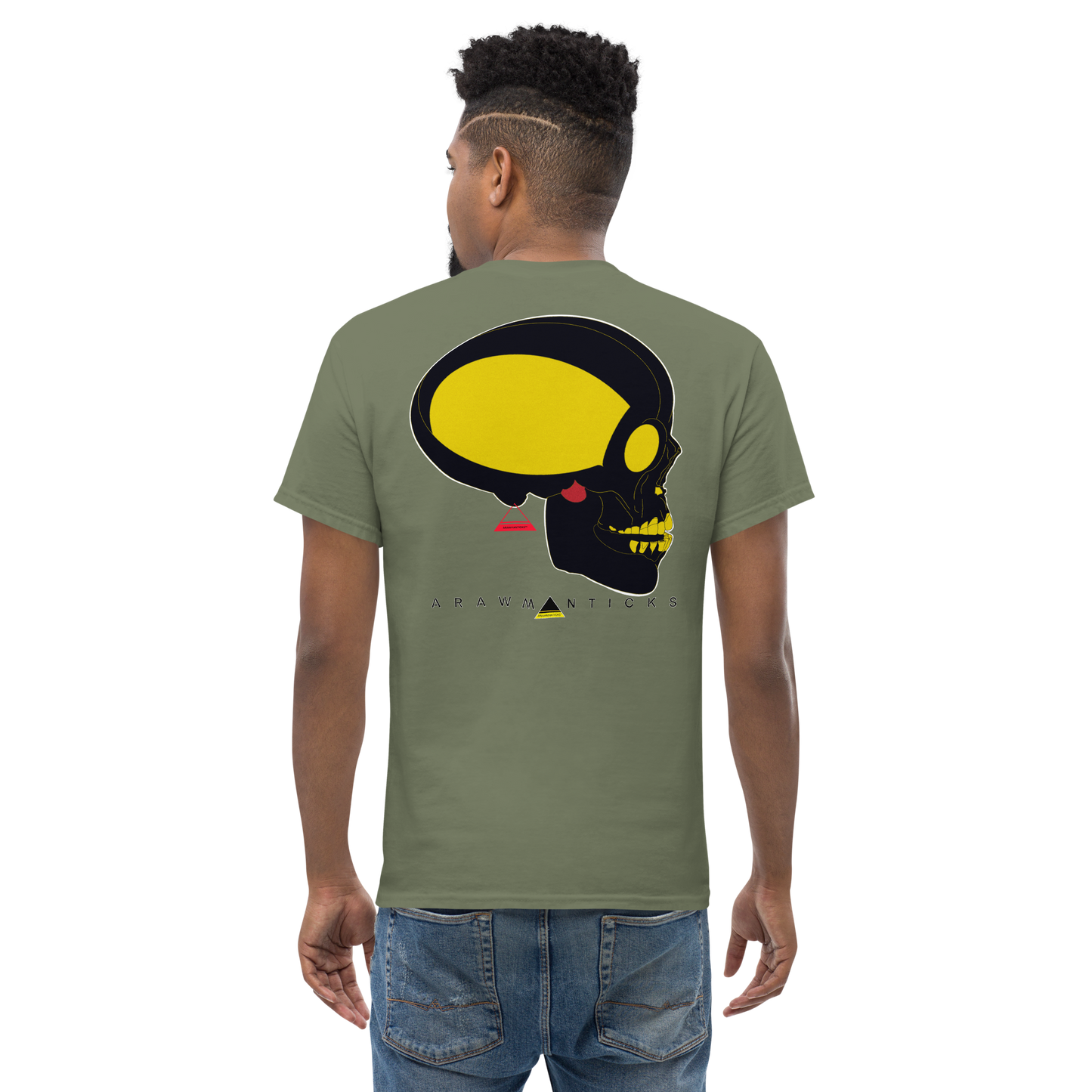 Male Model Wearing Military Green T-Shirt with Large Black and Gold Skull Back Print - ARAWMANTICKS