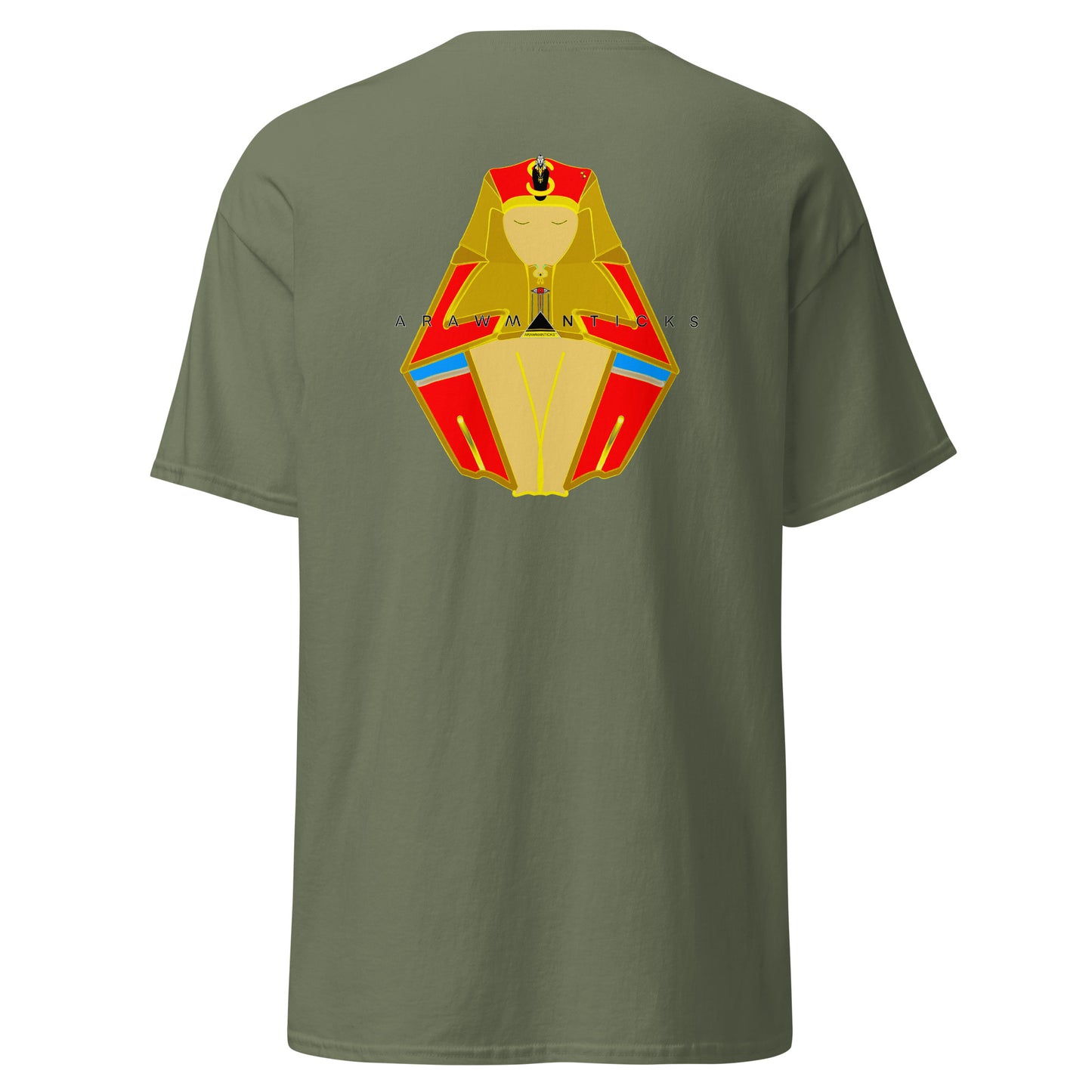 Military Green T-Shirt with Large Red and Gold Sleeping Pharaoh Back Print - ARAWMANTICKS Ghost Mockup