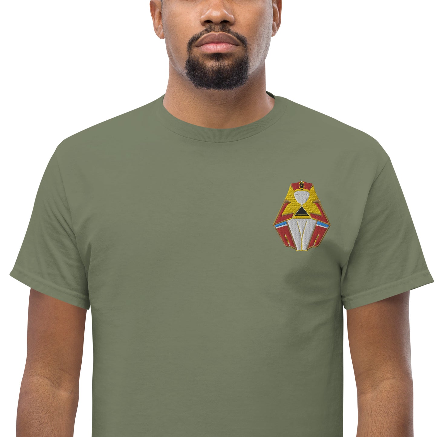 Male Model Wearing Military Green T-Shirt with Red and Gold Sleeping Pharaoh Front Embroidery - ARAWMANTICKS