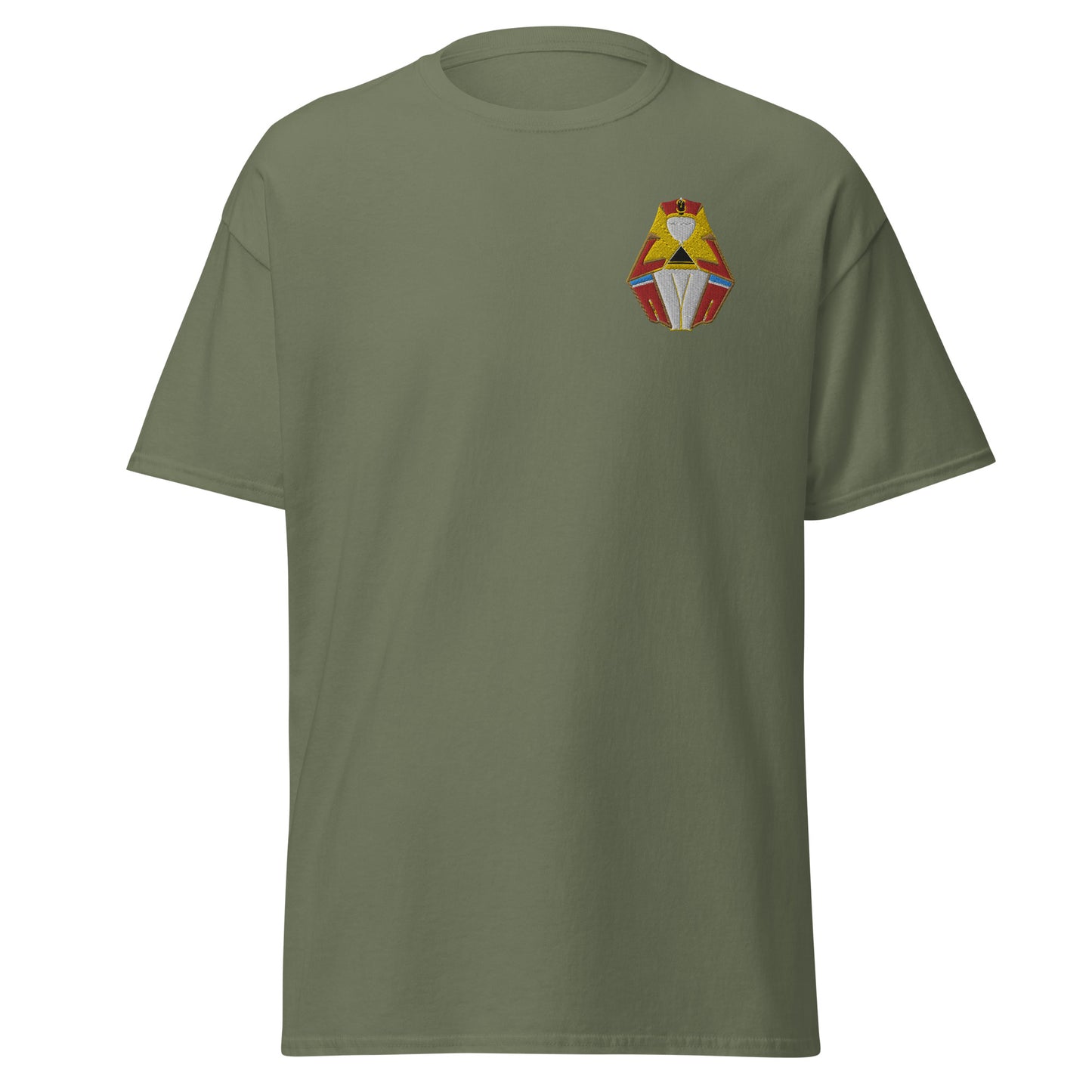 Military Green T-Shirt with Red and Gold Sleeping Pharaoh Front Embroidery - ARAWMANTICKS Ghost Mockup