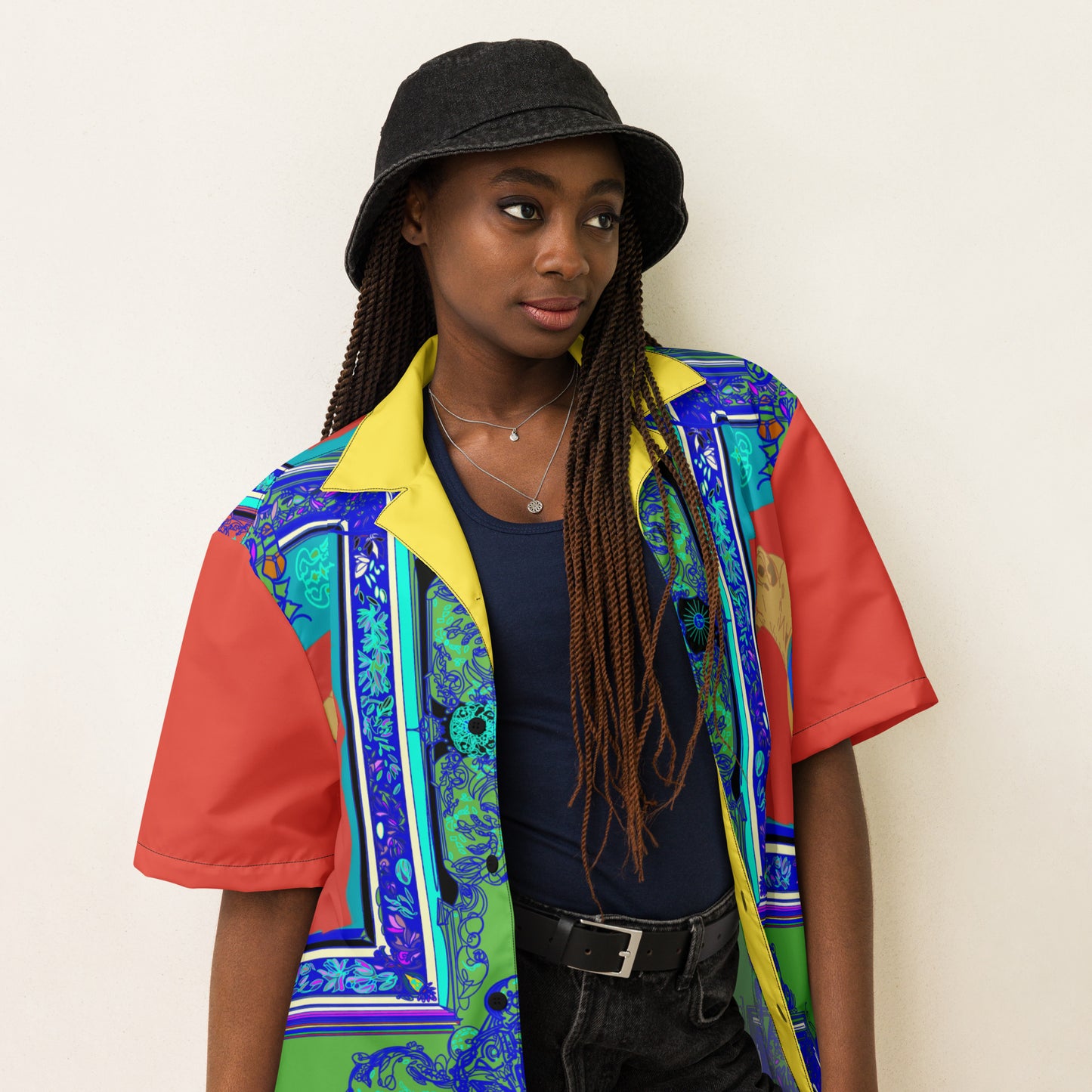 Female Model Wearing All-Over Print Orange Shirt with Blue Frame and Lioness Design - ARAWMANTICKS Front Mockup