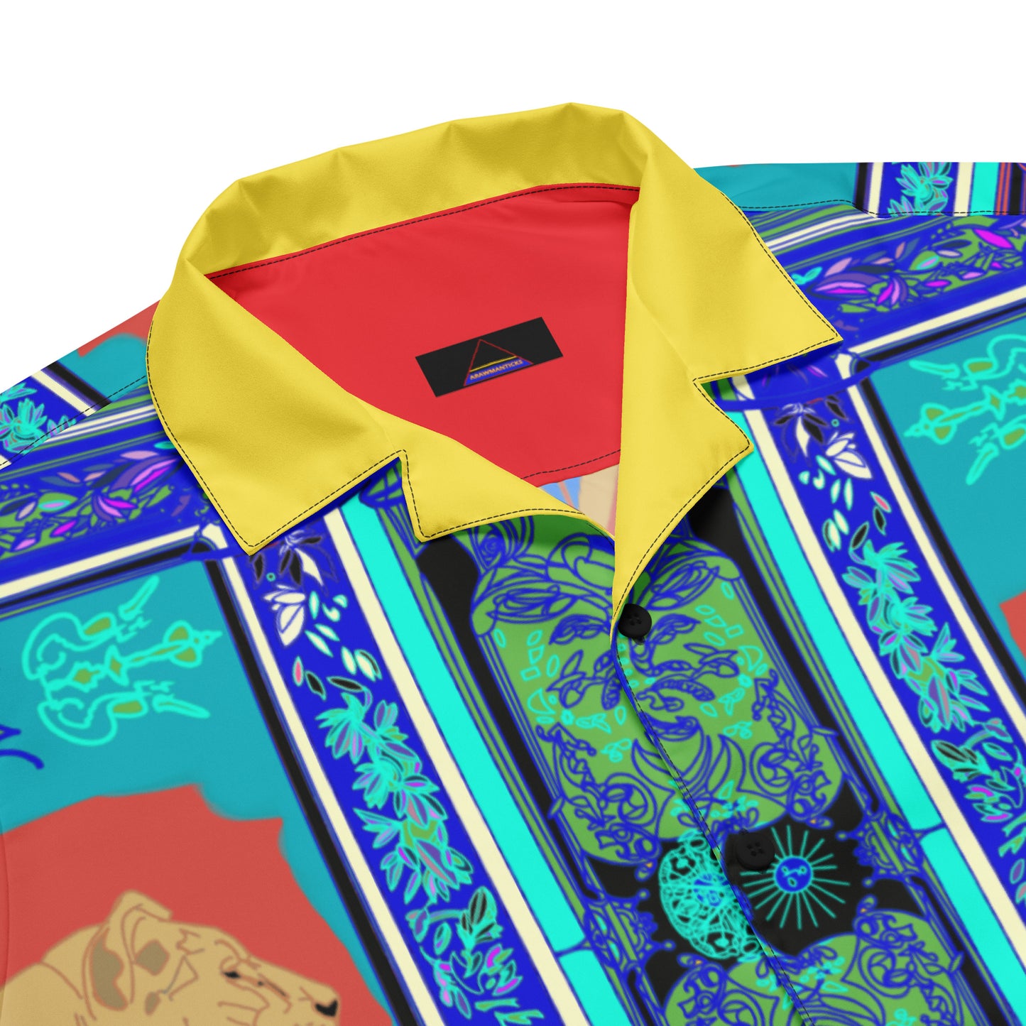 All-Over Print Orange Shirt with Blue Frame and Lioness Design - ARAWMANTICKS Front Collar Detail Mockup