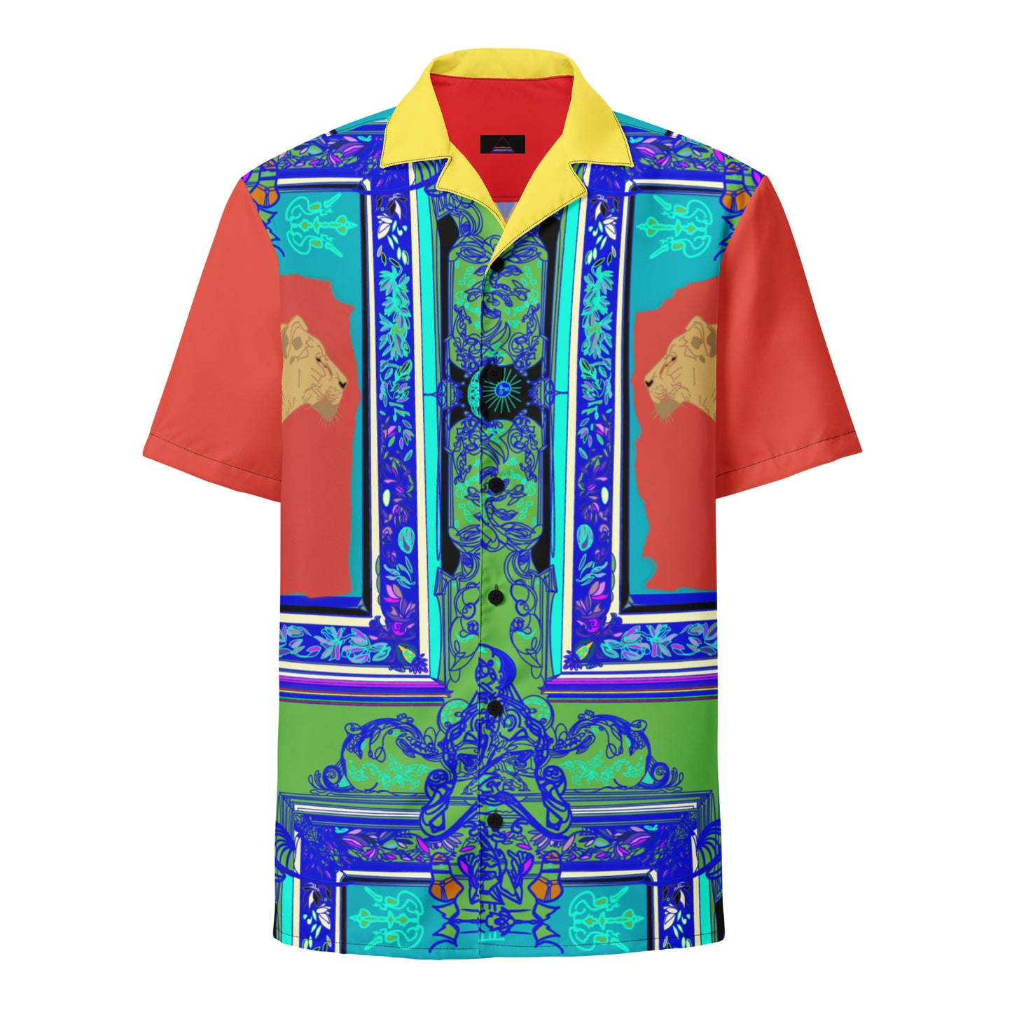 All-Over Print Orange Shirt with Blue Frame and Lioness Design - ARAWMANTICKS Front Ghost Mockup