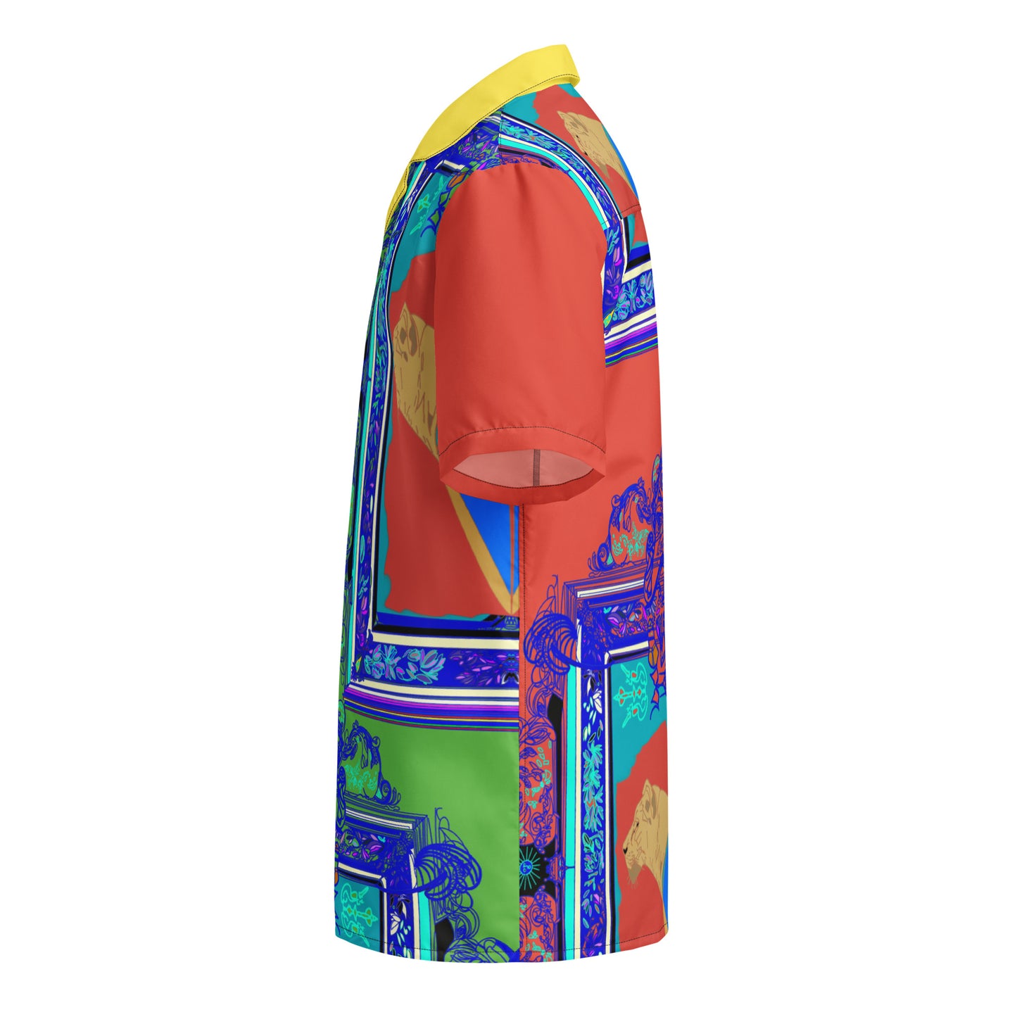 All-Over Print Orange Shirt with Blue Frame and Lioness Design - ARAWMANTICKS Left Ghost Mockup