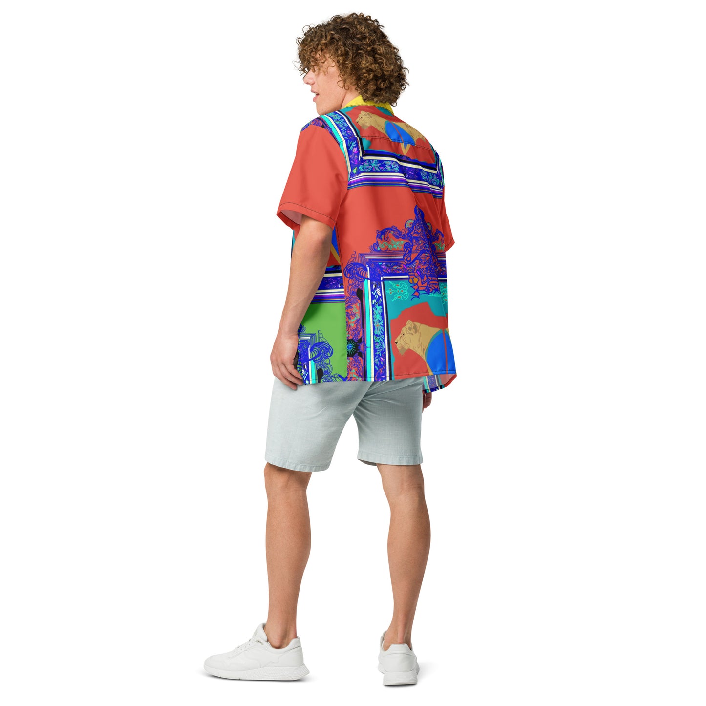 Male Model Wearing All-Over Print Orange Shirt with Blue Frame and Lioness Design - ARAWMANTICKS Back Mockup