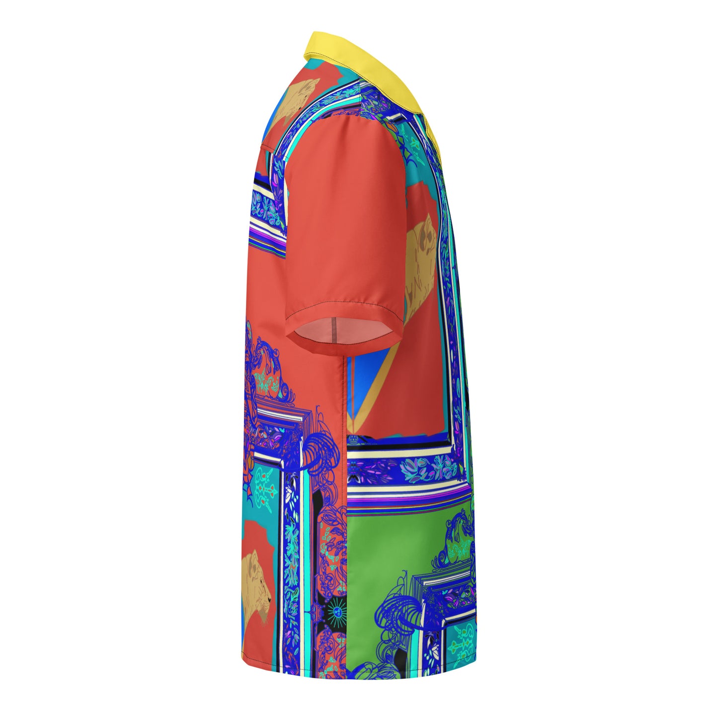 All-Over Print Orange Shirt with Blue Frame and Lioness Design - ARAWMANTICKS Right Ghost Mockup