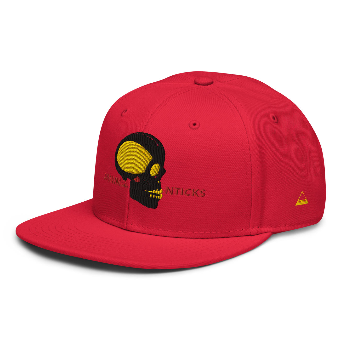 Red Snapback Hat with Black and Gold Skull Embroidery - ARAWMANTICKS Left Front Mockup