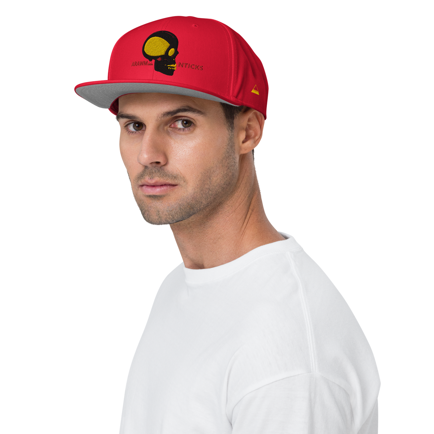 Male Model Wearing Red Snapback Hat with Black and Gold Skull Embroidery - ARAWMANTICKS