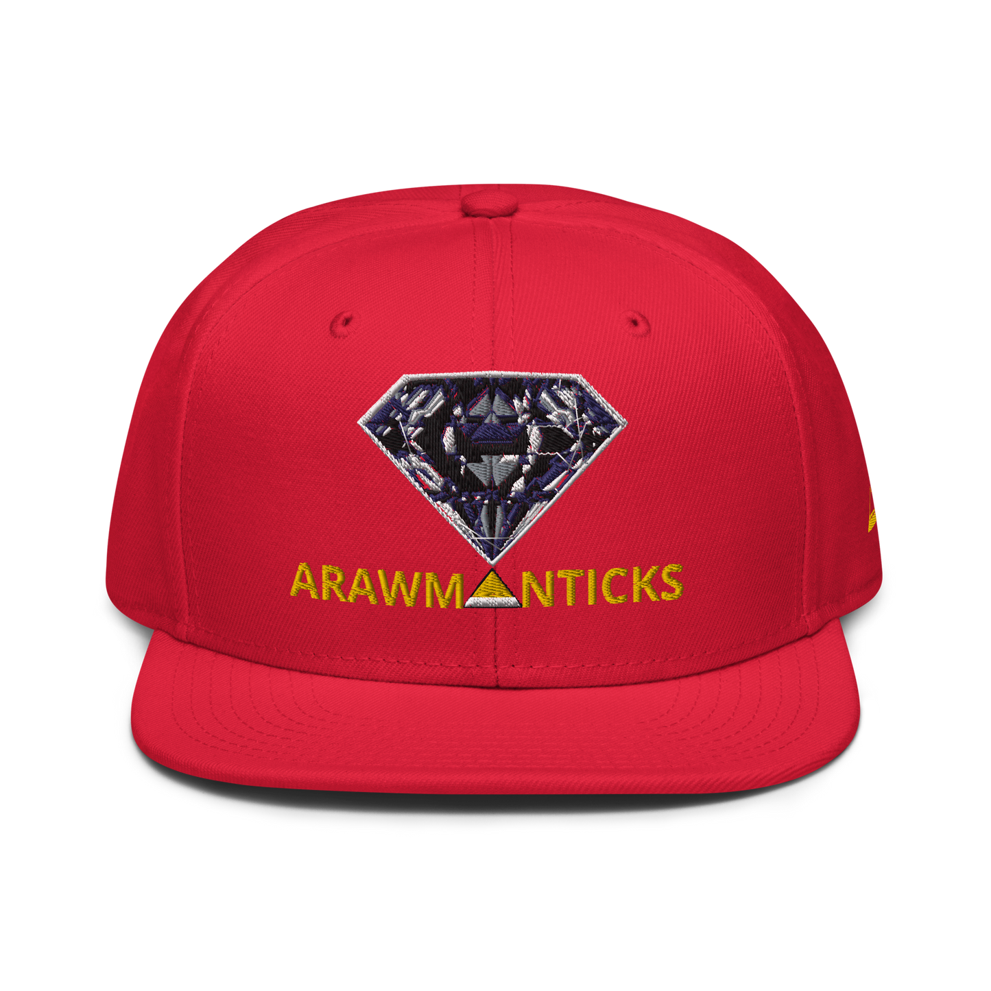 Red Snapback Hat with Dark Diamond 'A' Front Embroidery - ARAWMANTICKS Front Mockup