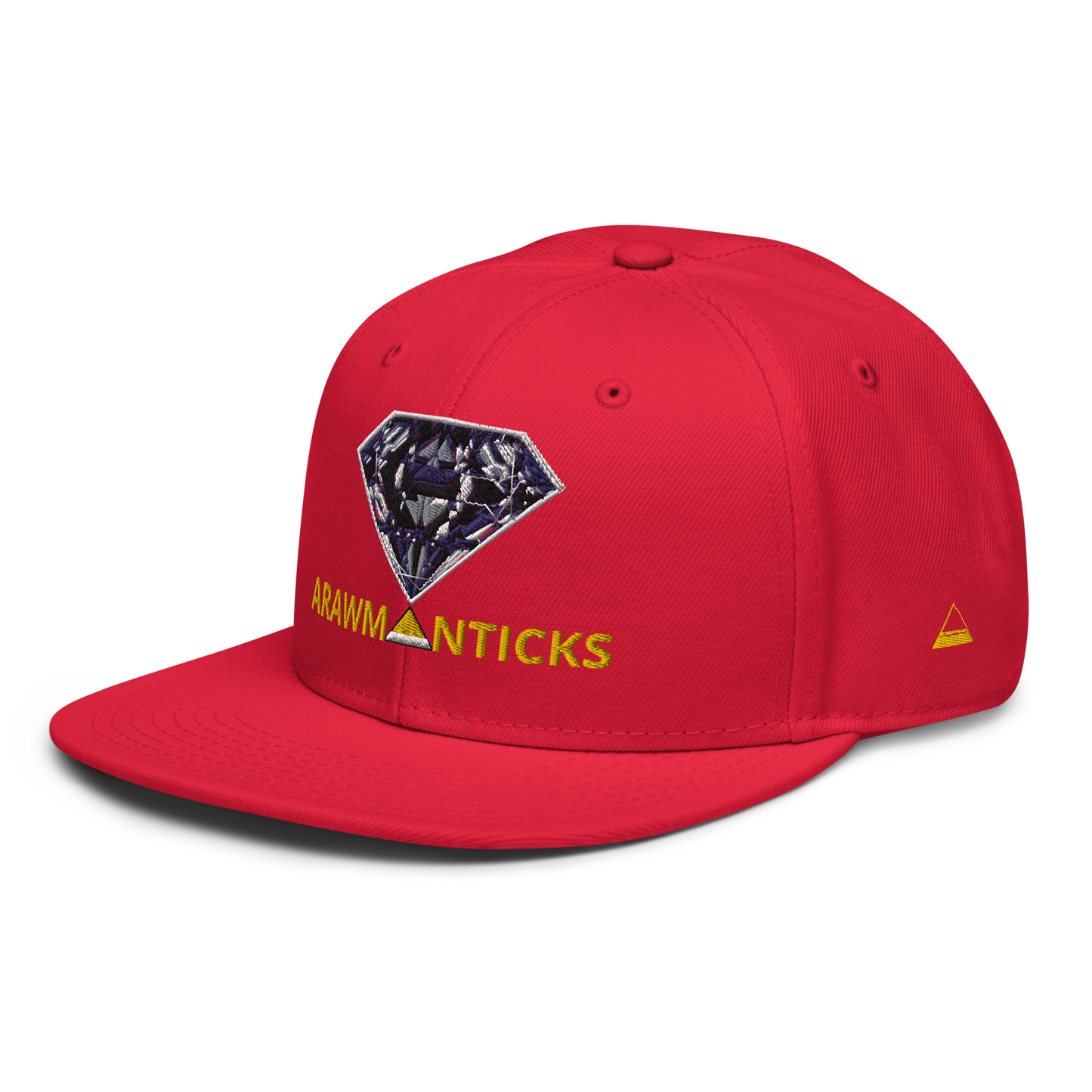 Red Snapback Hat with Dark Diamond 'A' Front Embroidery - ARAWMANTICKS Left Front Mockup