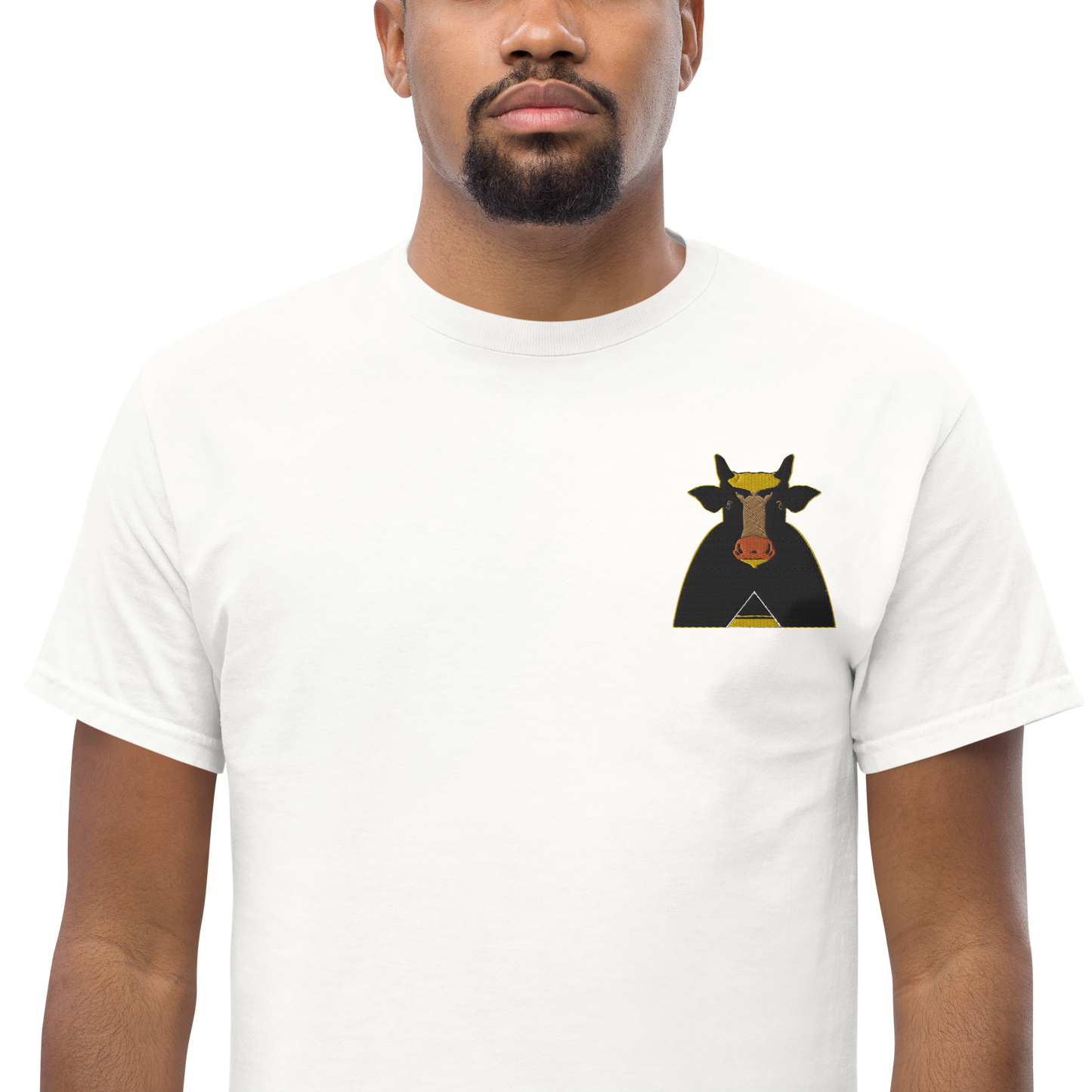 Male Model Wearing White T-Shirt with Black and Gold Holy Cow Front Embroidery - ARAWMANTICKS