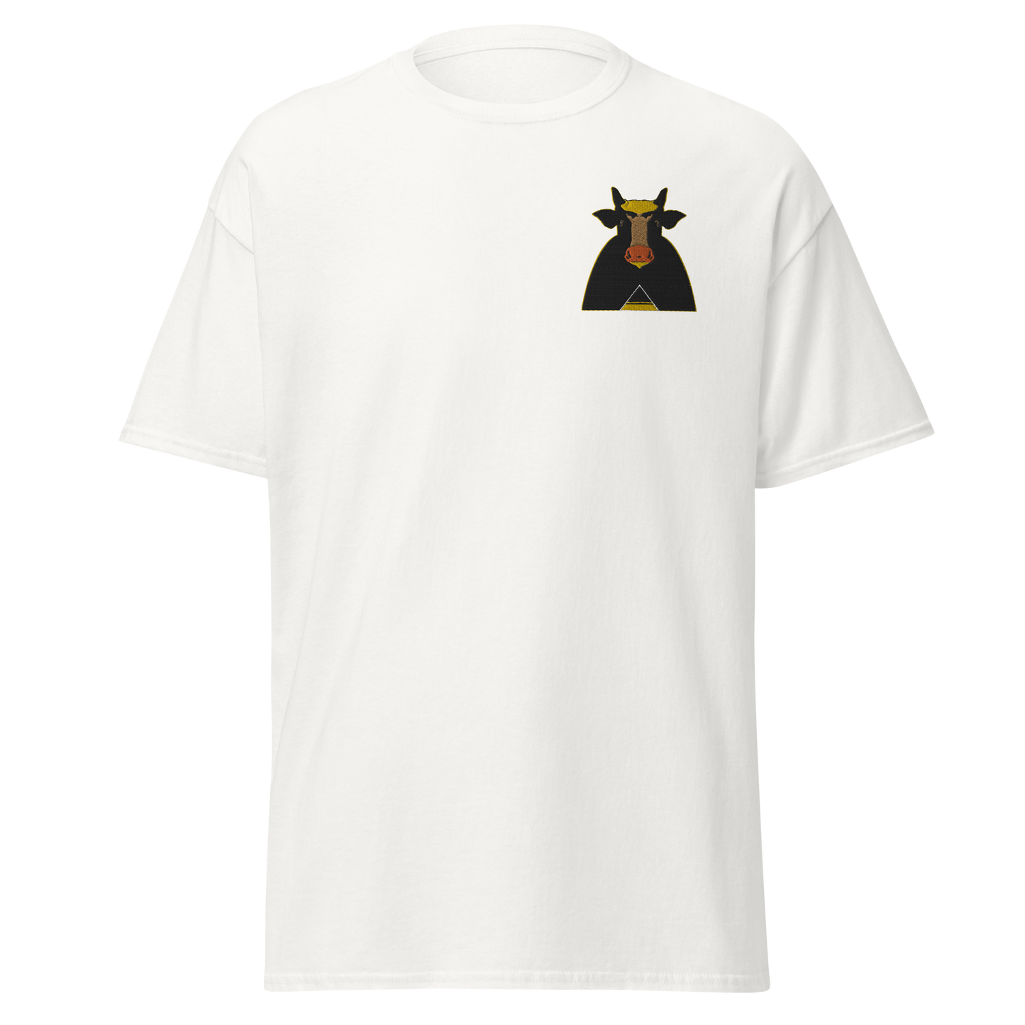 White T-Shirt with Black and Gold Holy Cow Front Embroidery - ARAWMANTICKS Ghost Mockup