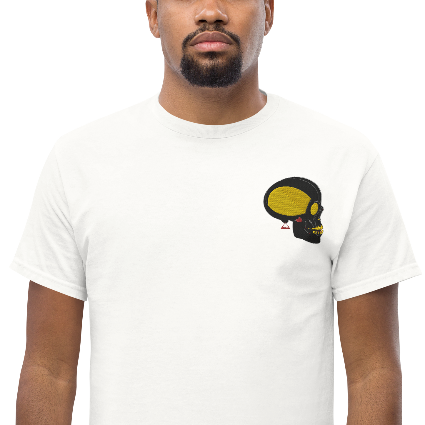 Male Model Wearing White T-Shirt with Black and Gold Skull Front Embroidery - ARAWMANTICKS