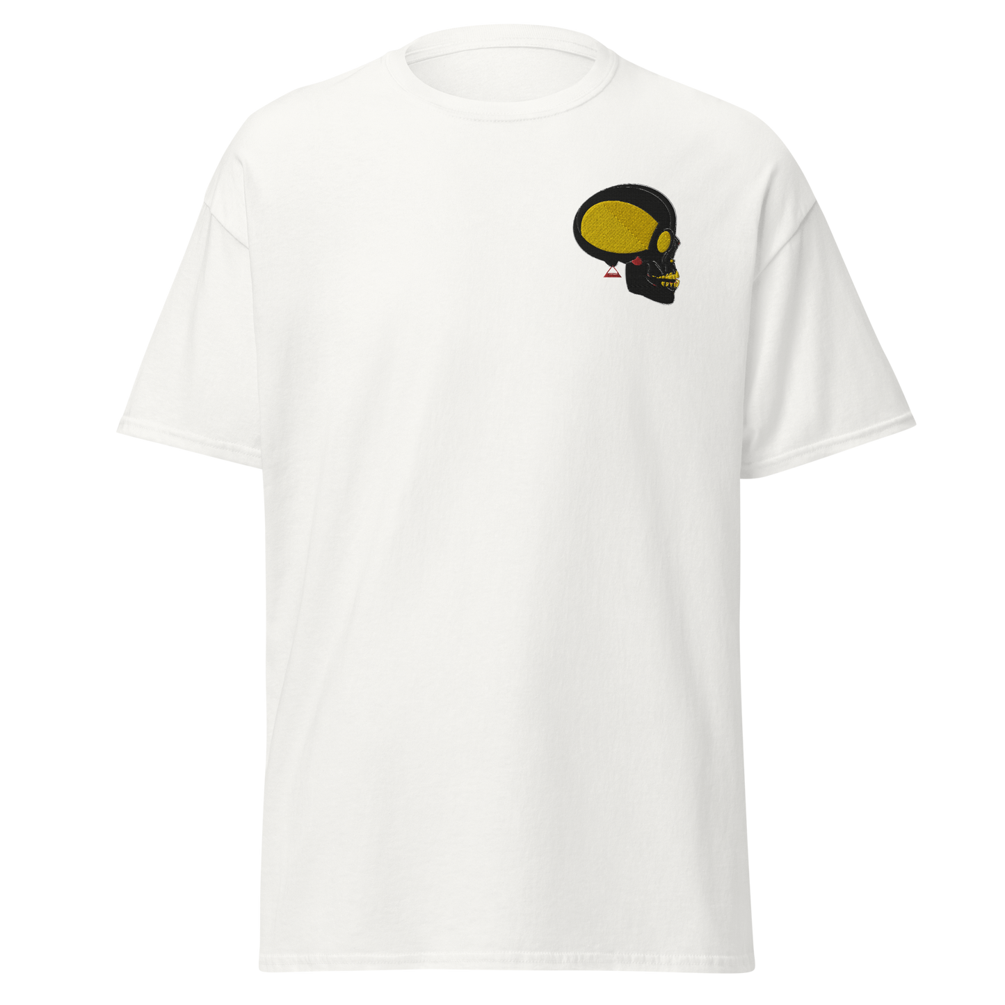 White T-Shirt with Black and Gold Skull Front Embroidery - ARAWMANTICKS Ghost Mockup