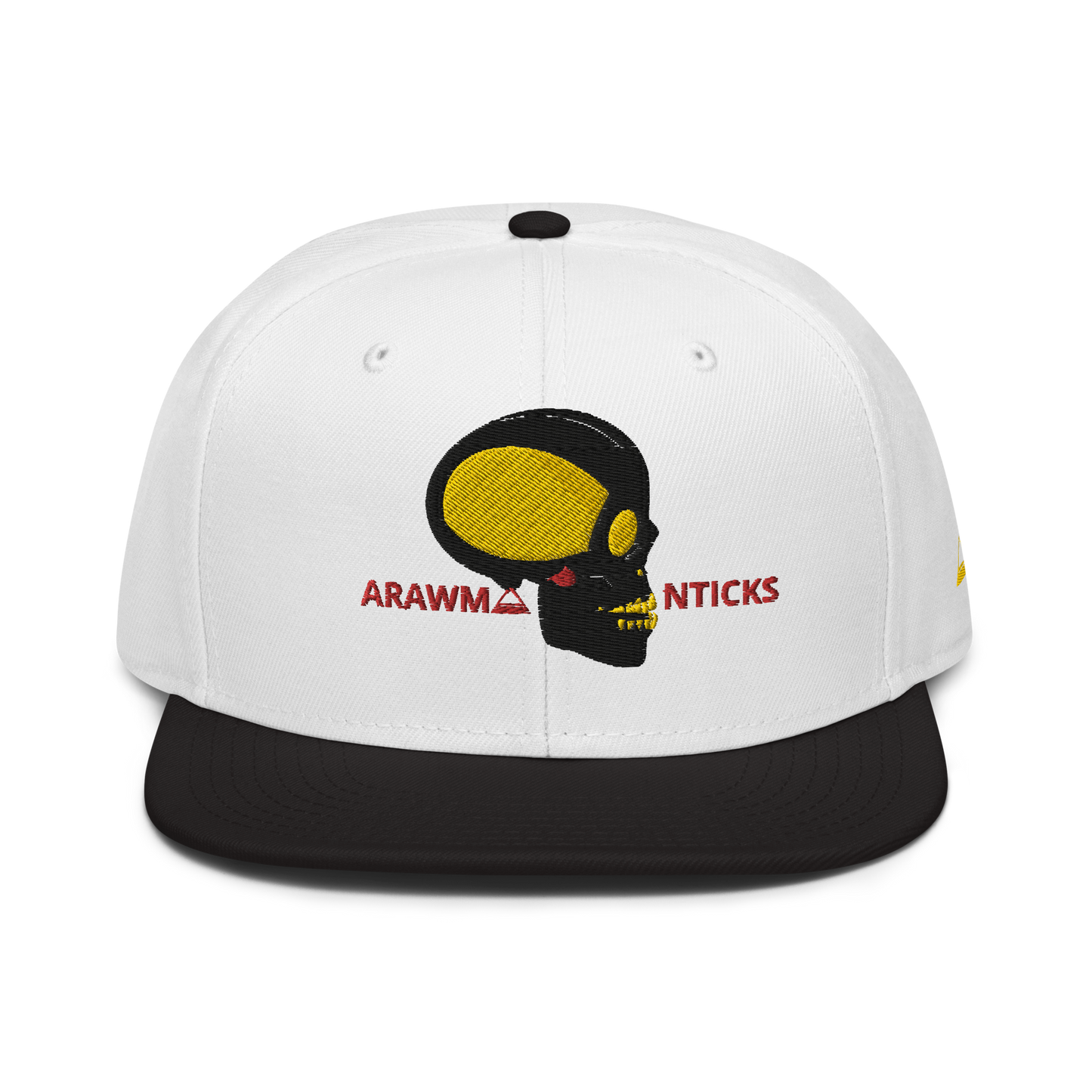White and Black Snapback Hat with Black and Gold Skull Embroidery - ARAWMANTICKS Front Mockup