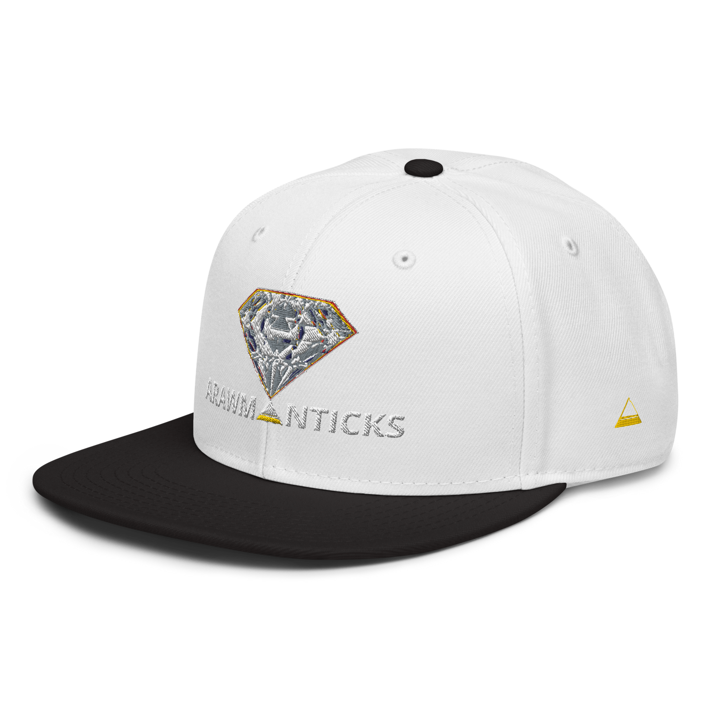 White and Black Snapback Hat with Bright Diamond 'A' Front Embroidery - ARAWMANTICKS Left Front Mockup
