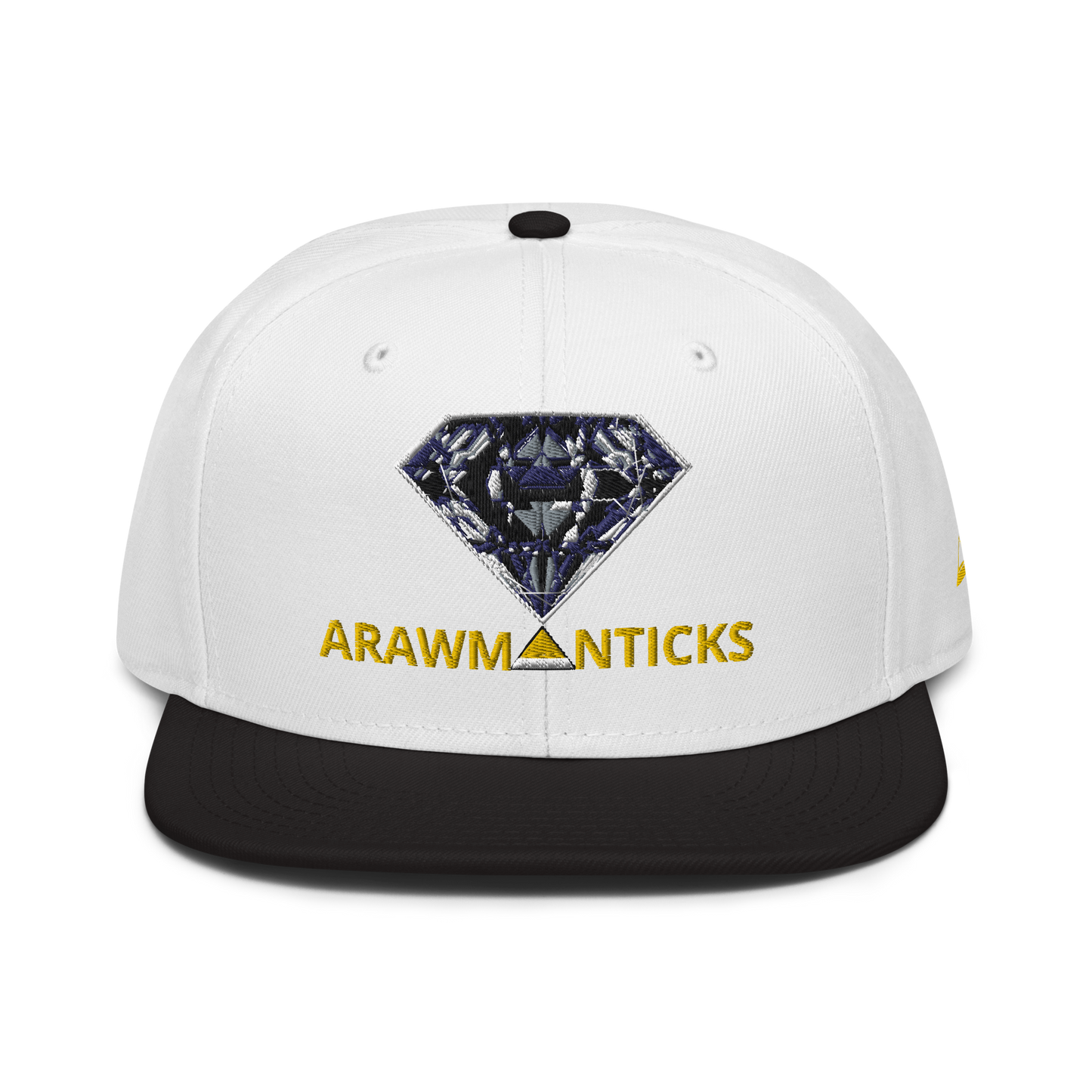 White and Black Snapback Hat with Dark Diamond 'A' Front Embroidery - ARAWMANTICKS Front Mockup