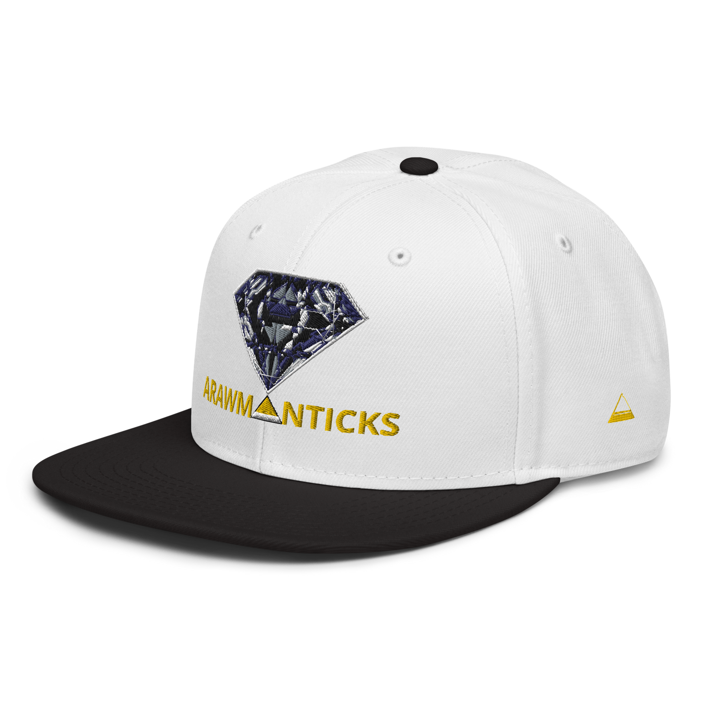 White and Black Snapback Hat with Dark Diamond 'A' Front Embroidery - ARAWMANTICKS Left Front Mockup
