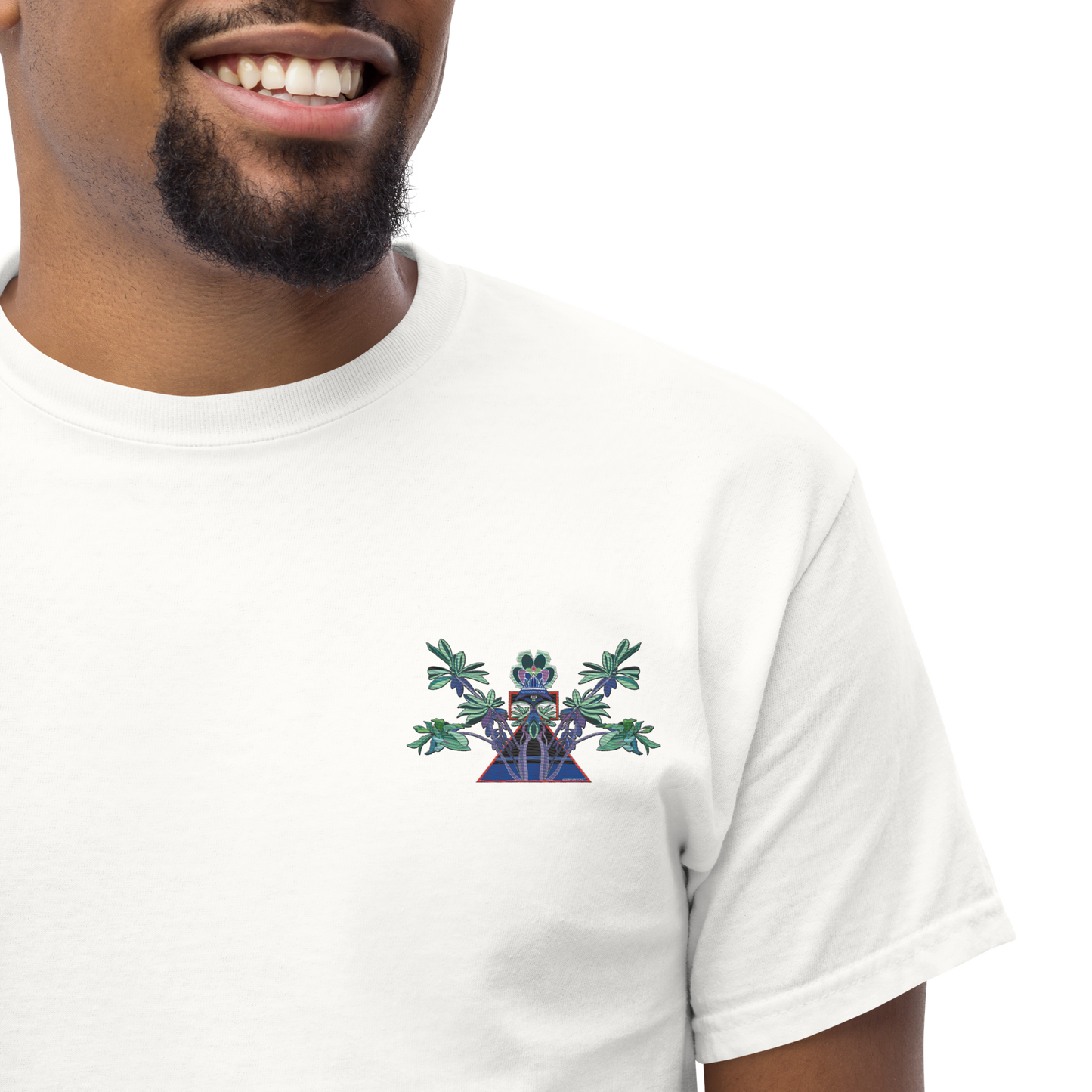 Male Model Wearing White T-Shirt with Blue Floral Desert Rose Front Embroidery - ARAWMANTICKS