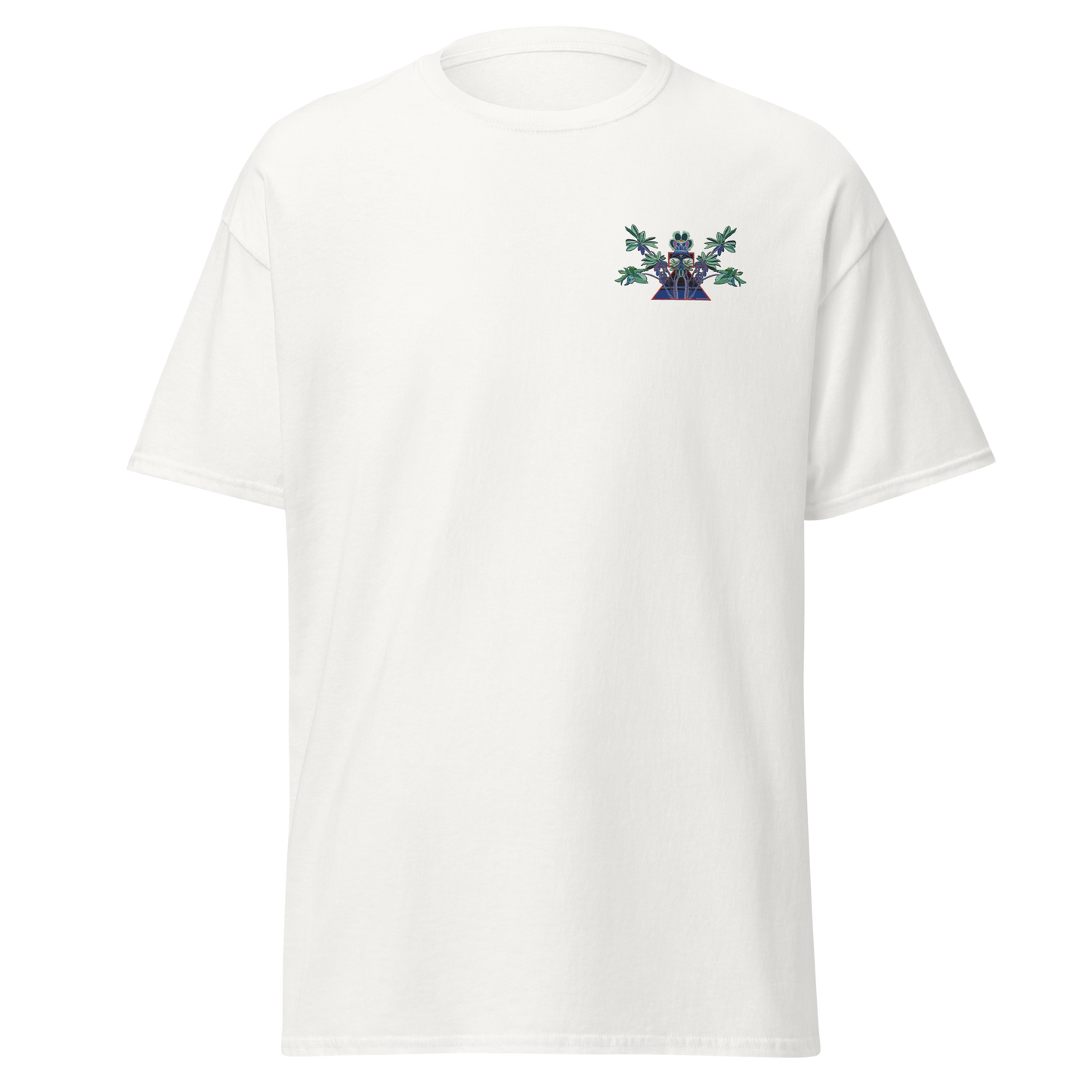 White T-Shirt with Blue Floral Desert Rose Front Embroidery - ARAWMANTICKS Ghost Mockup
