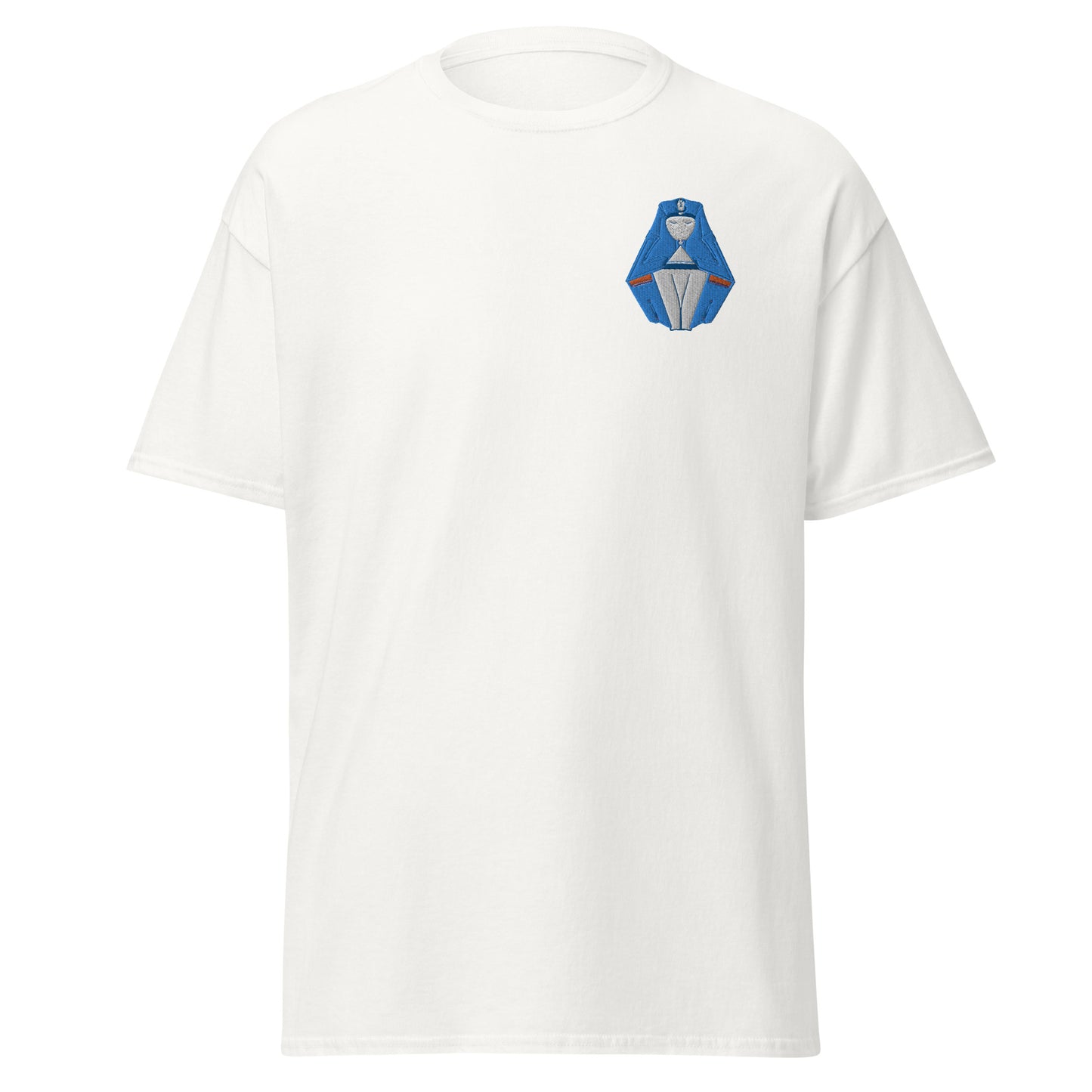 White T-Shirt with Blue and White Sleeping Pharaoh Front Embroidery - ARAWMANTICKS Ghost Mockup