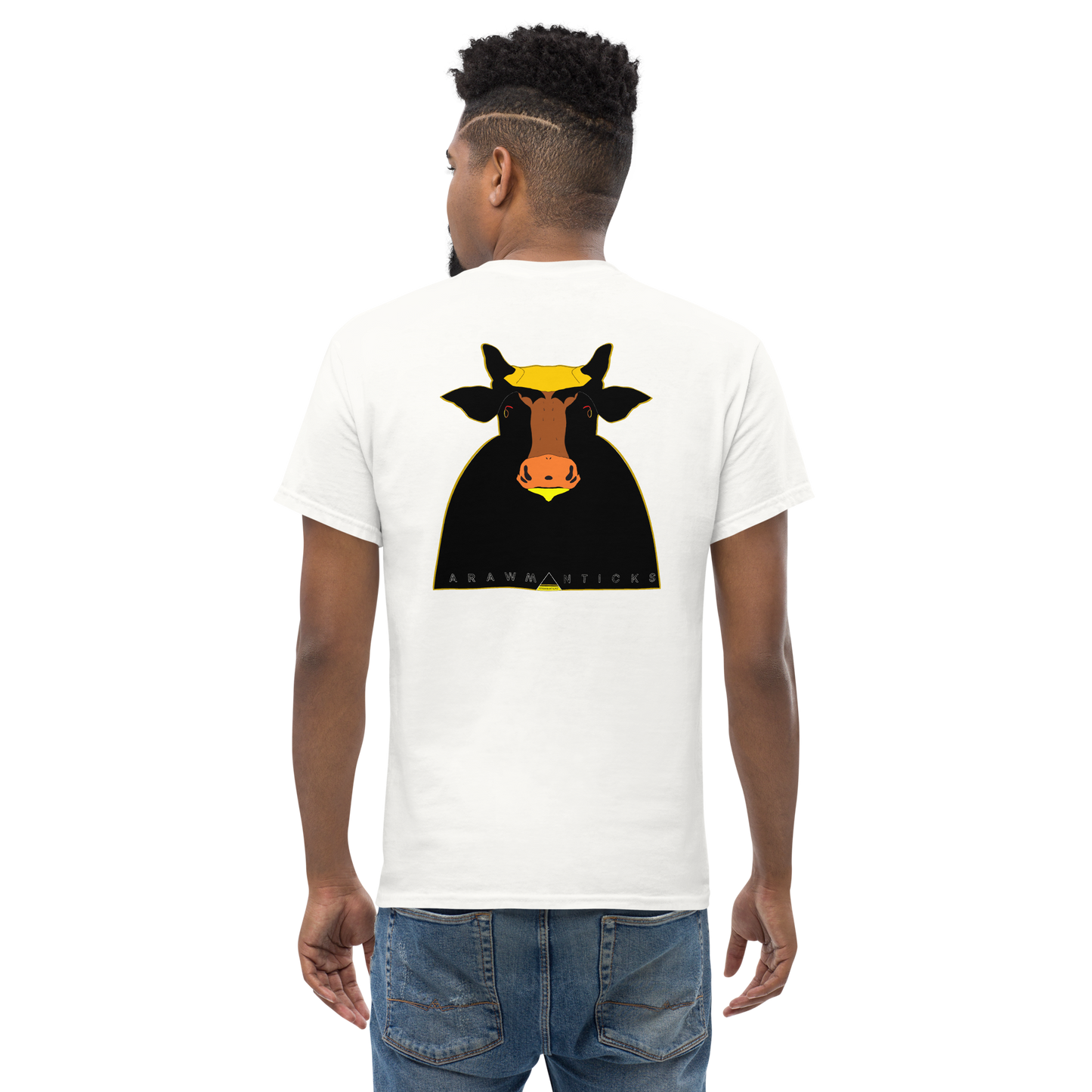 Male Model Wearing White T-Shirt with Large Black and Gold Holy Cow Back Print - ARAWMANTICKS