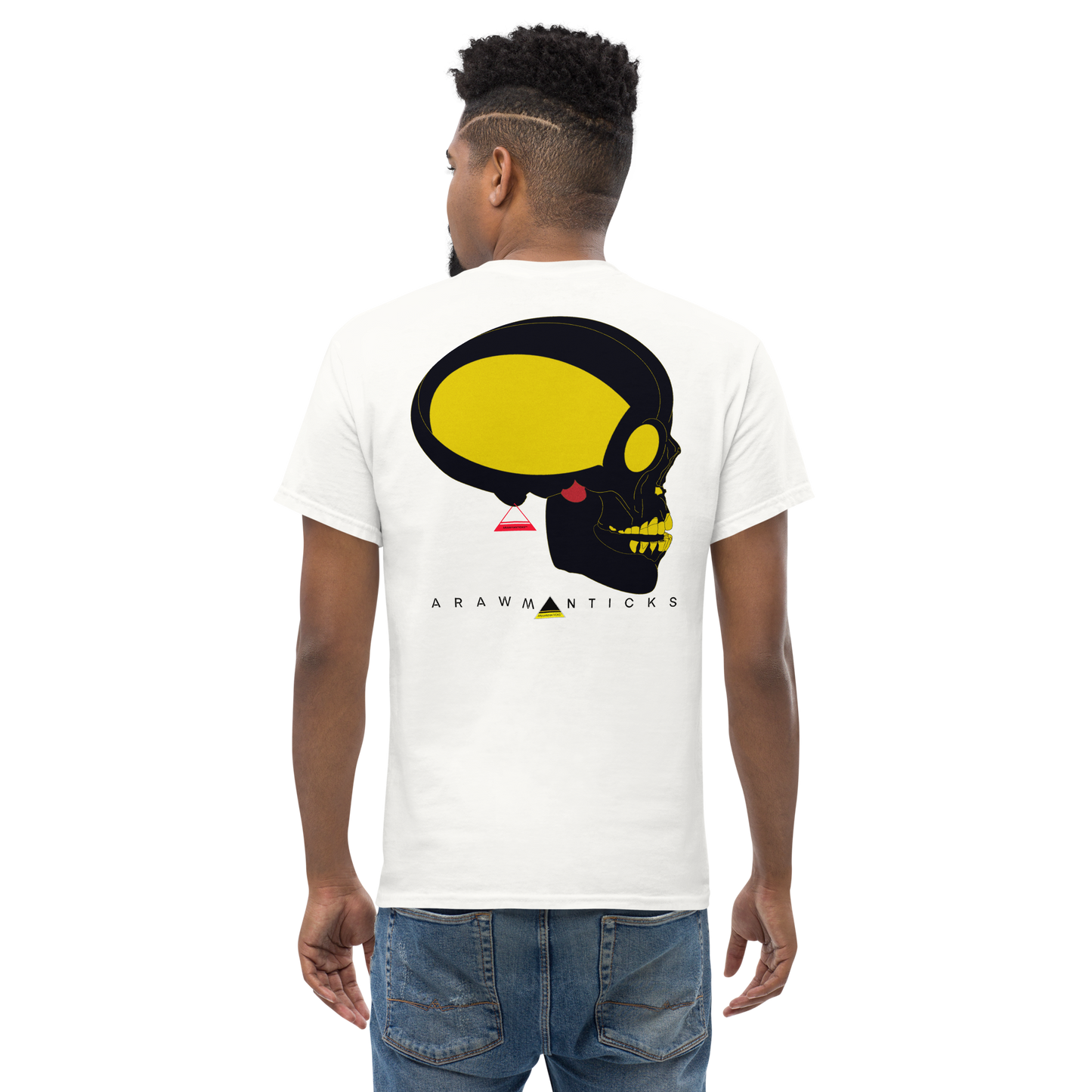Male Model Wearing White T-Shirt with Large Black and Gold Skull Back Print - ARAWMANTICKS