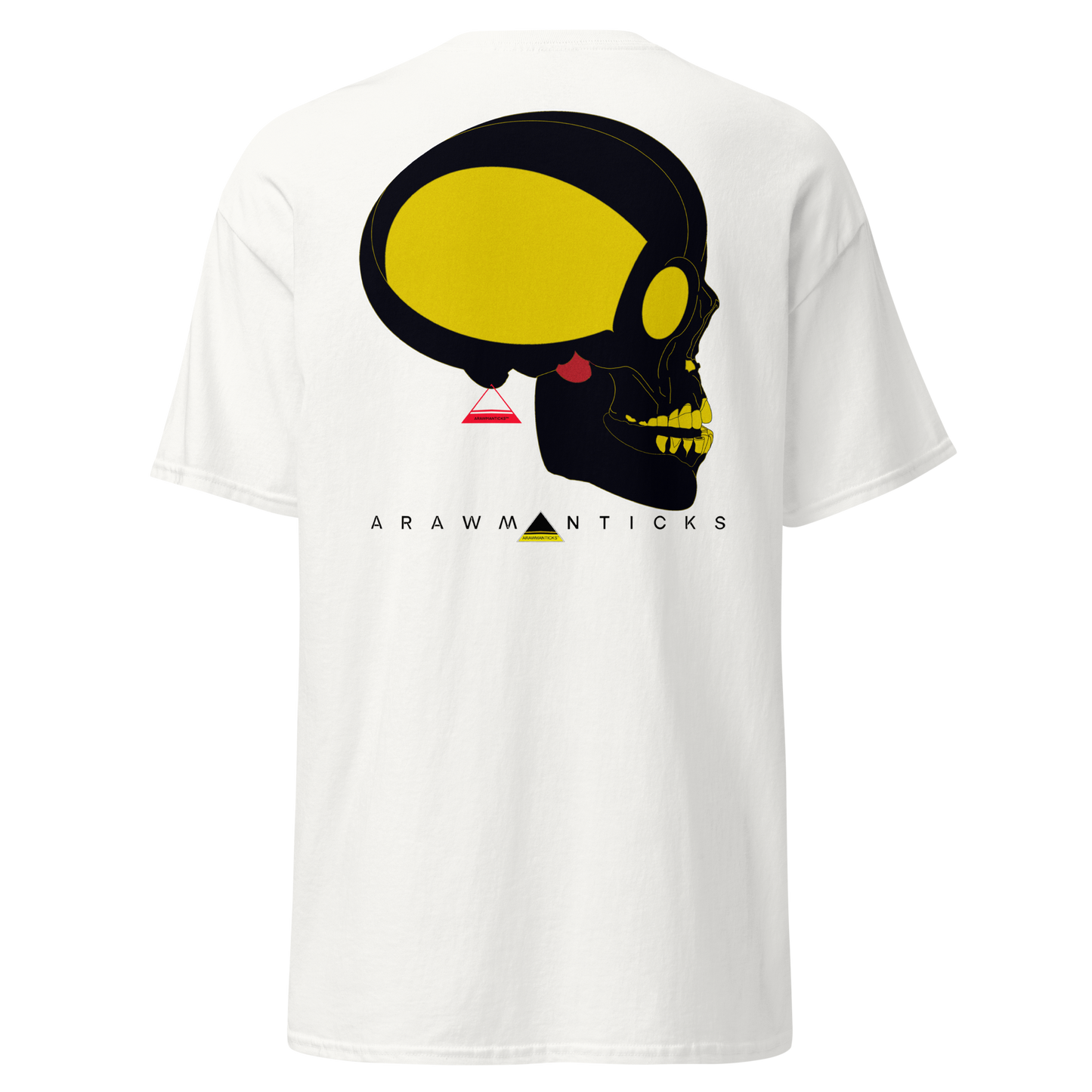 White T-Shirt with Large Black and Gold Skull Back Print - ARAWMANTICKS Ghost Mockup