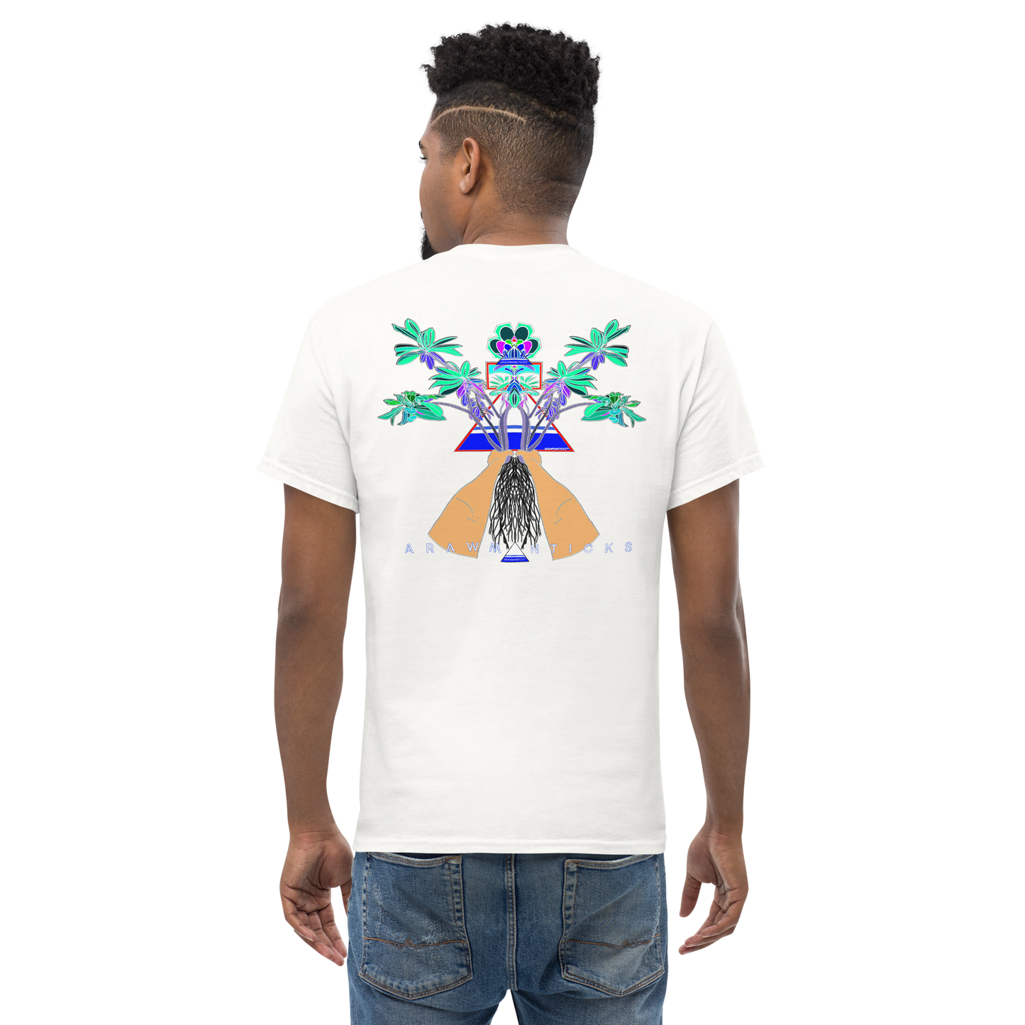 Male Model Wearing White T-Shirt with Large Blue Floral Desert Rose Back Print - ARAWMANTICKS