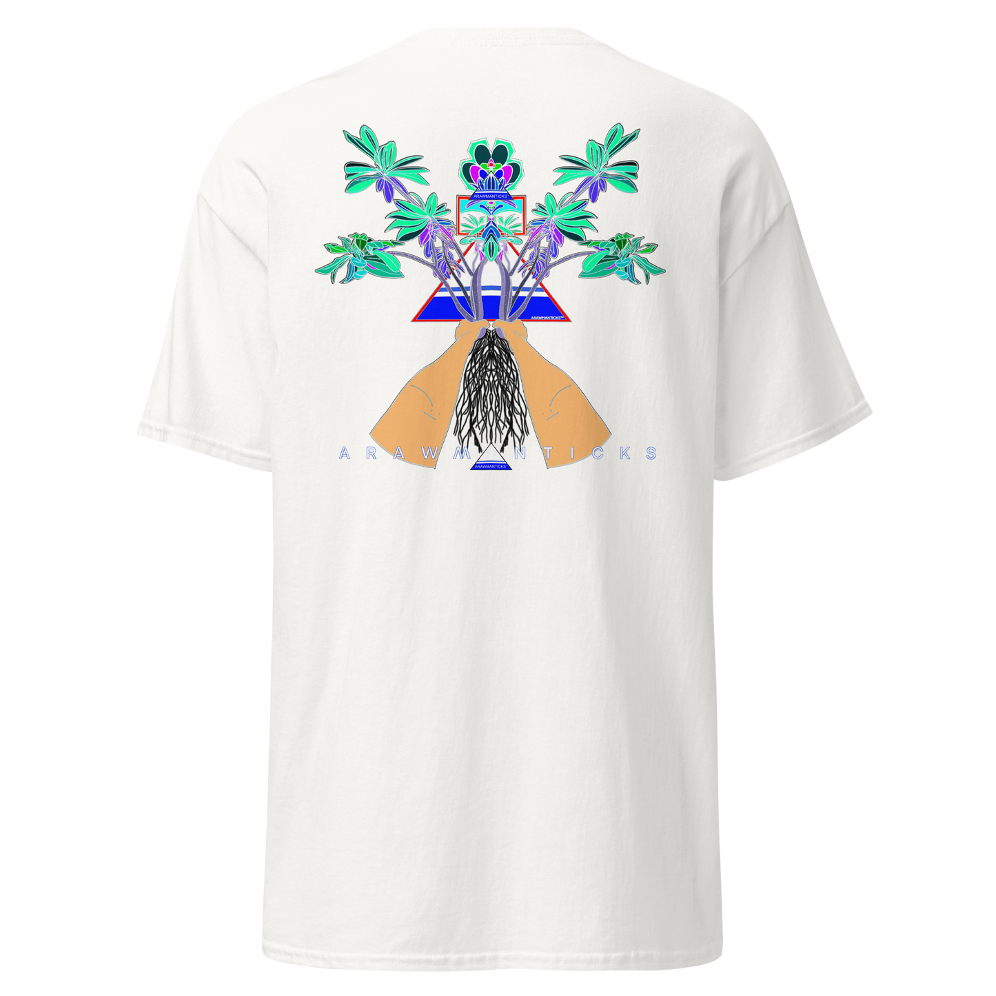 White T-Shirt with Large Blue Floral Desert Rose Back Print - ARAWMANTICKS Ghost Mockup