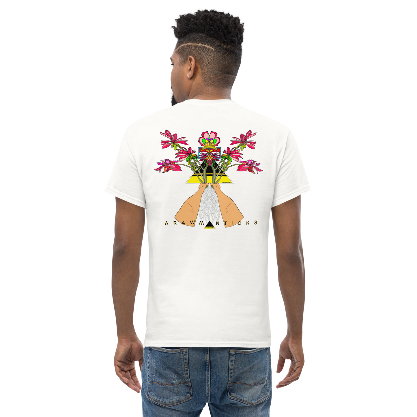 Male Model Wearing White T-Shirt with Large Red Floral Desert Rose Back Print - ARAWMANTICKS