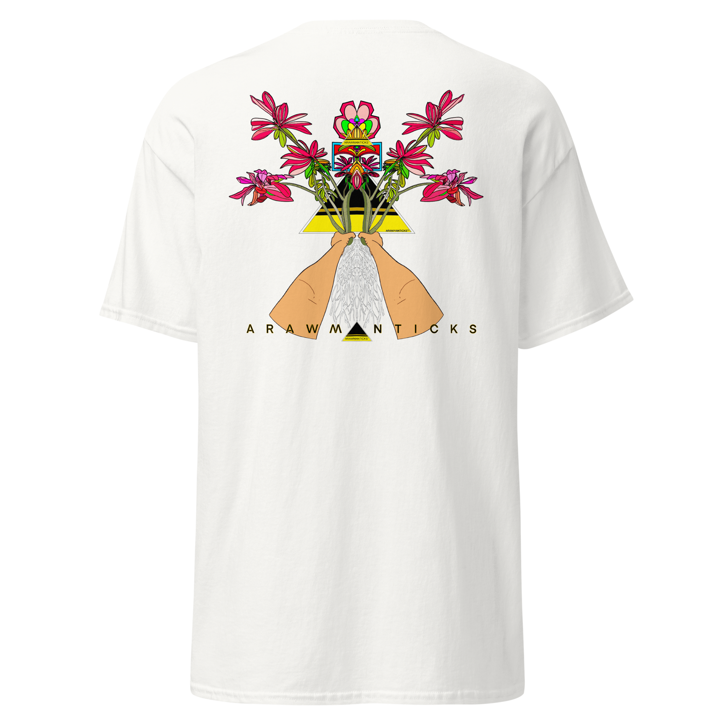 White T-Shirt with Large Red Floral Desert Rose Back Print - ARAWMANTICKS Ghost Mockup