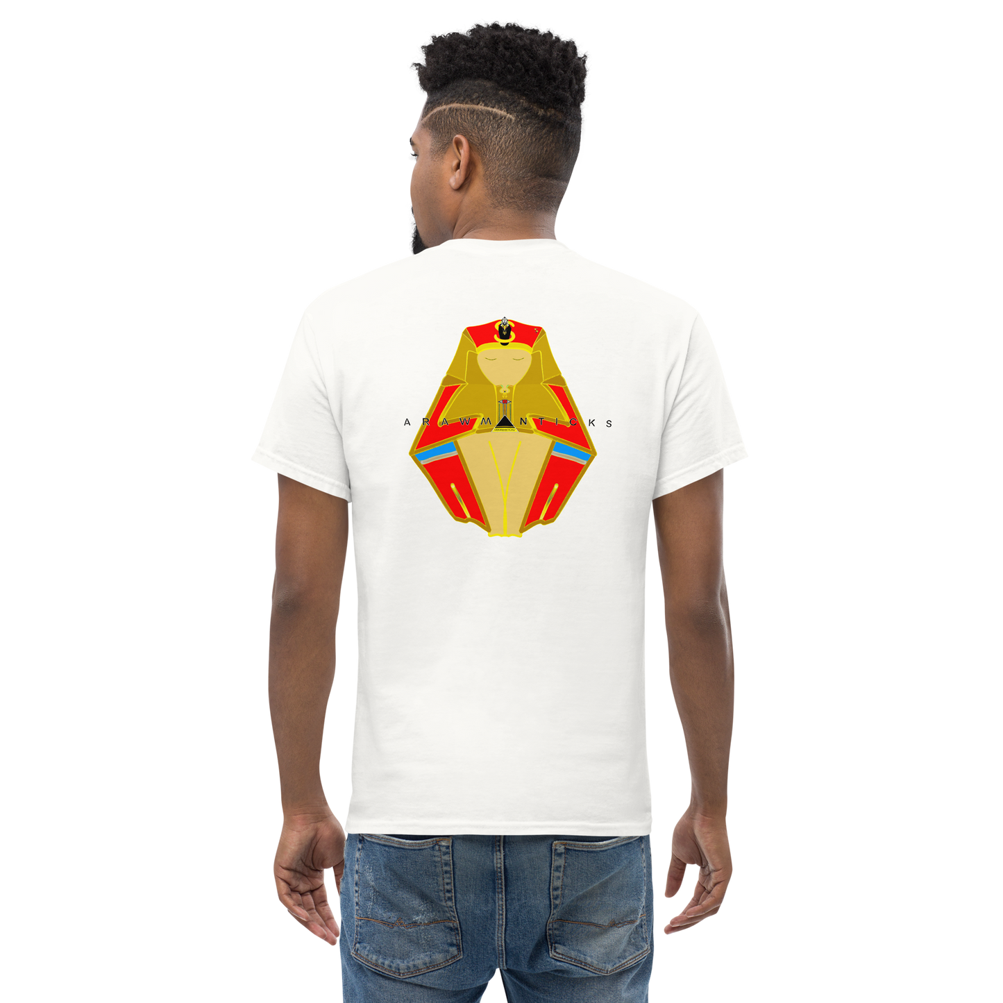 Male Model Wearing White T-Shirt with Large Red and Gold Sleeping Pharaoh Back Print - ARAWMANTICKS