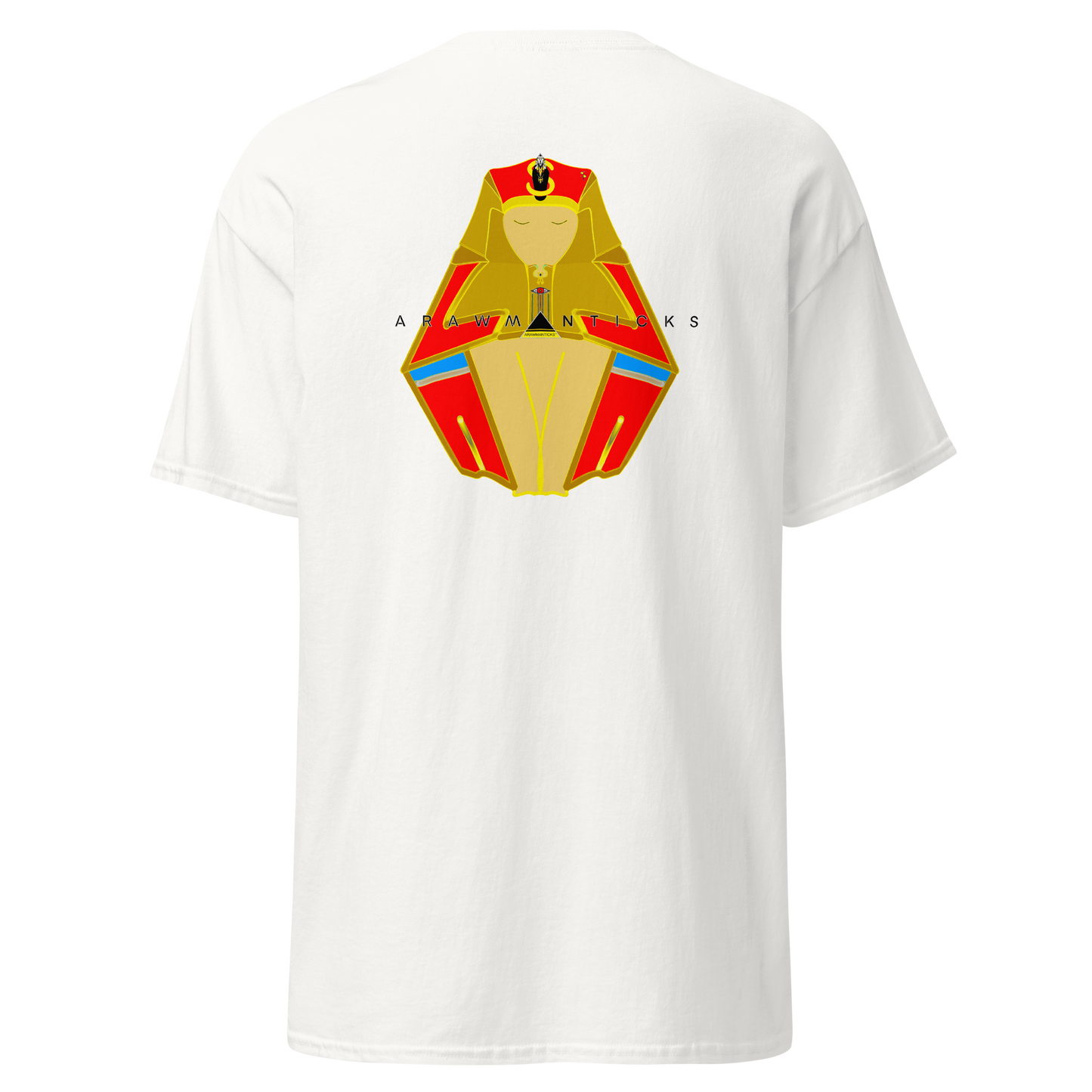 White T-Shirt with Large Red and Gold Sleeping Pharaoh Back Print - ARAWMANTICKS Ghost Mockup