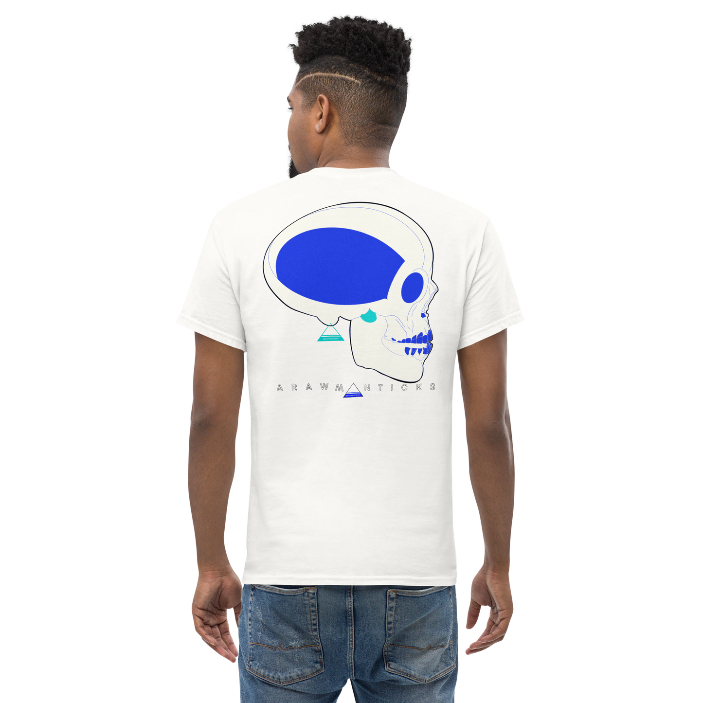 Male Model Wearing White T-Shirt with Large White and Blue Skull Back Print - ARAWMANTICKS