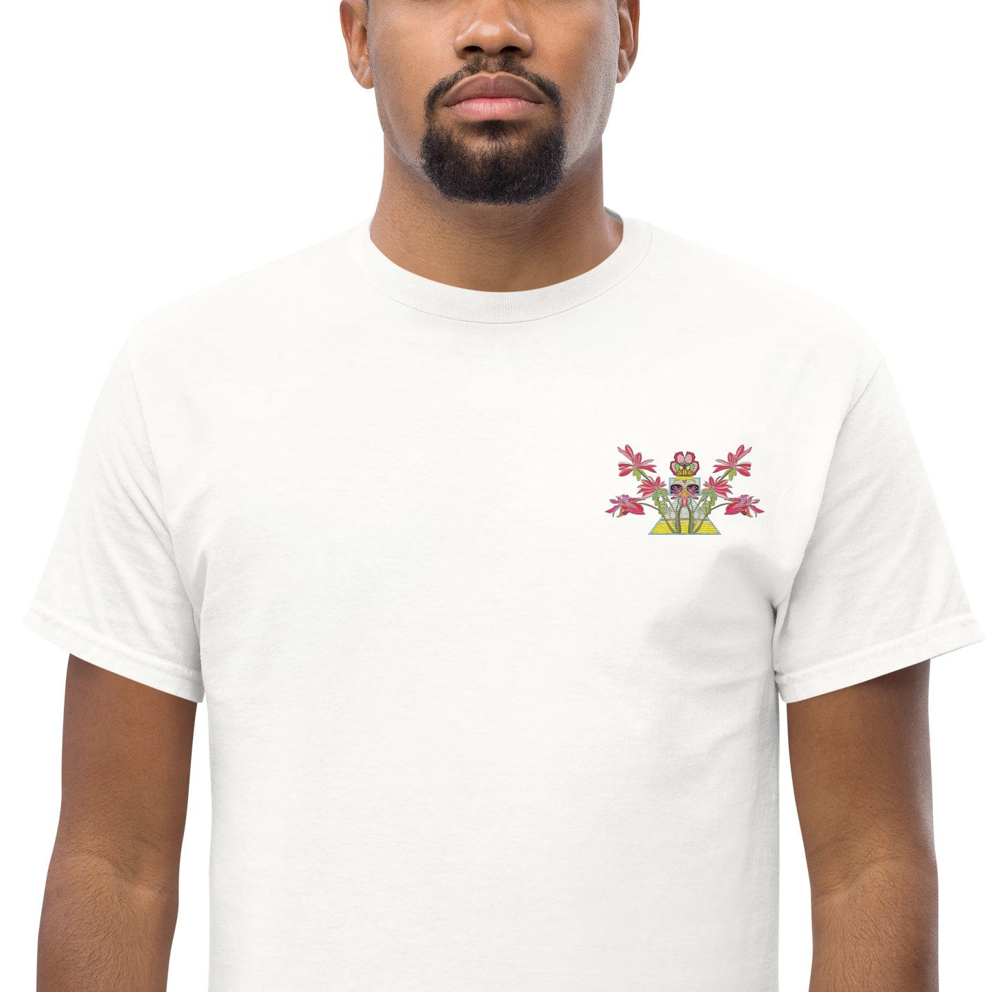 Male Model Wearing White T-Shirt with Red Floral Desert Rose Front Embroidery - ARAWMANTICKS