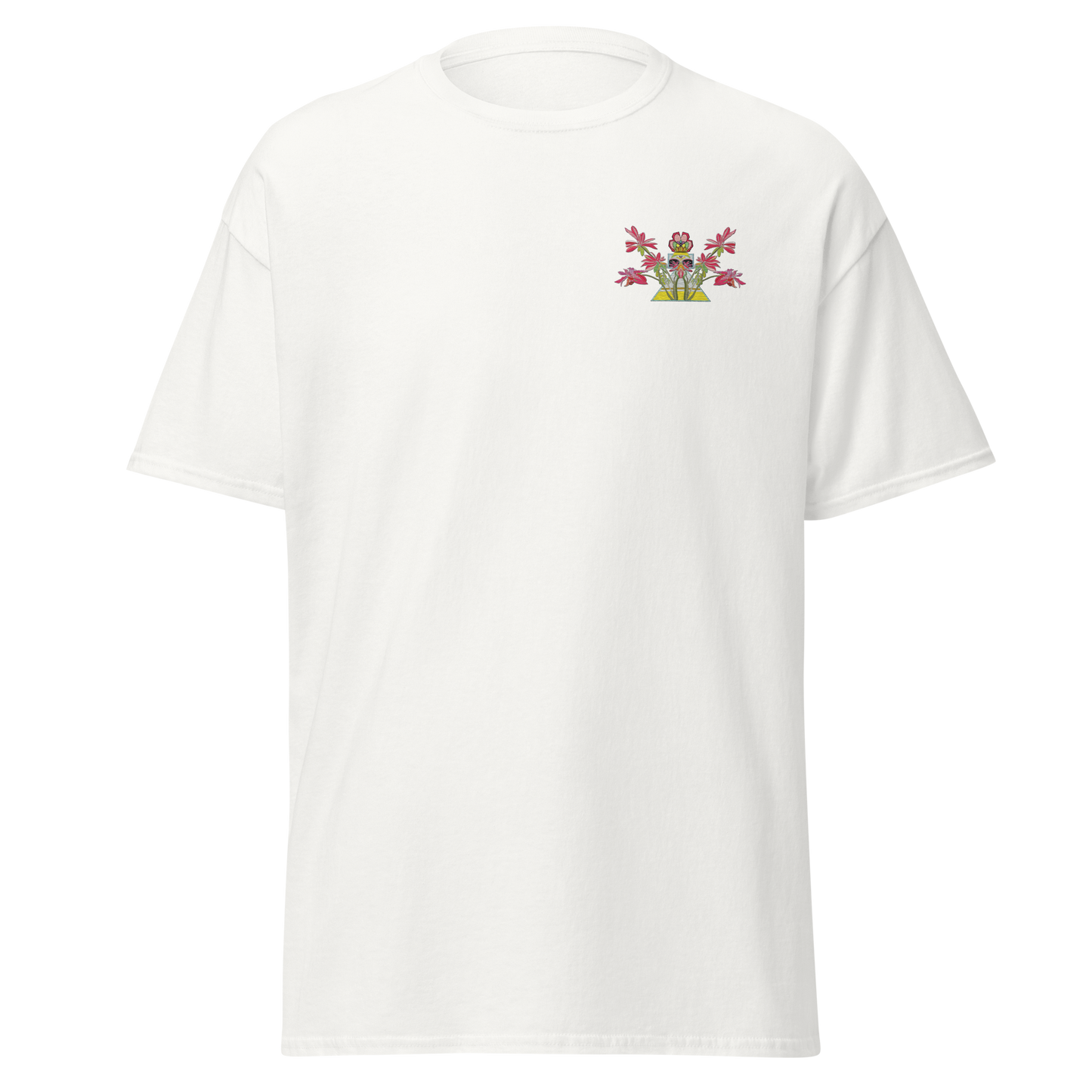 White T-Shirt with Red Floral Desert Rose Front Embroidery - ARAWMANTICKS Ghost Mockup