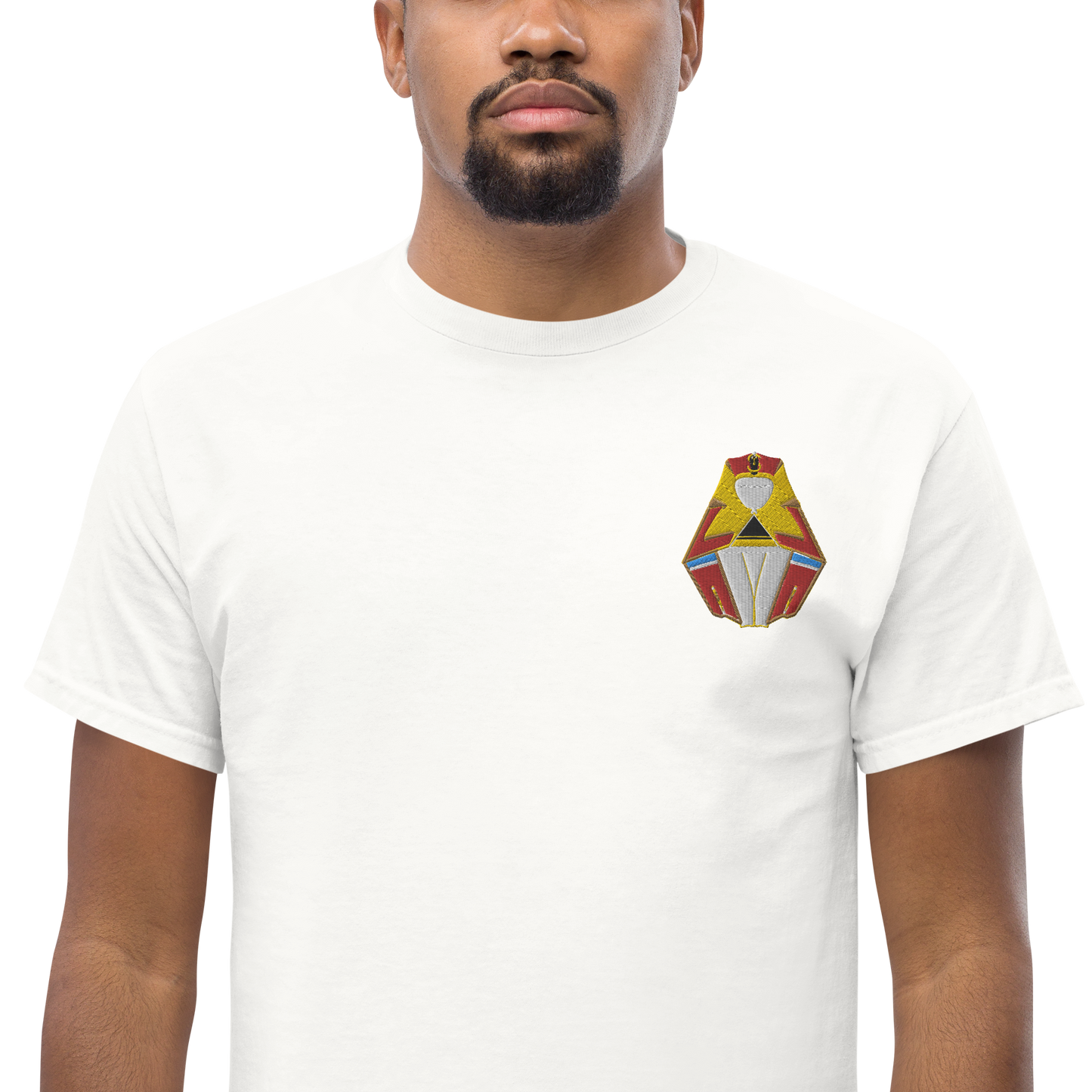 Male Model Wearing White T-Shirt with Red and Gold Sleeping Pharaoh Front Embroidery - ARAWMANTICKS
