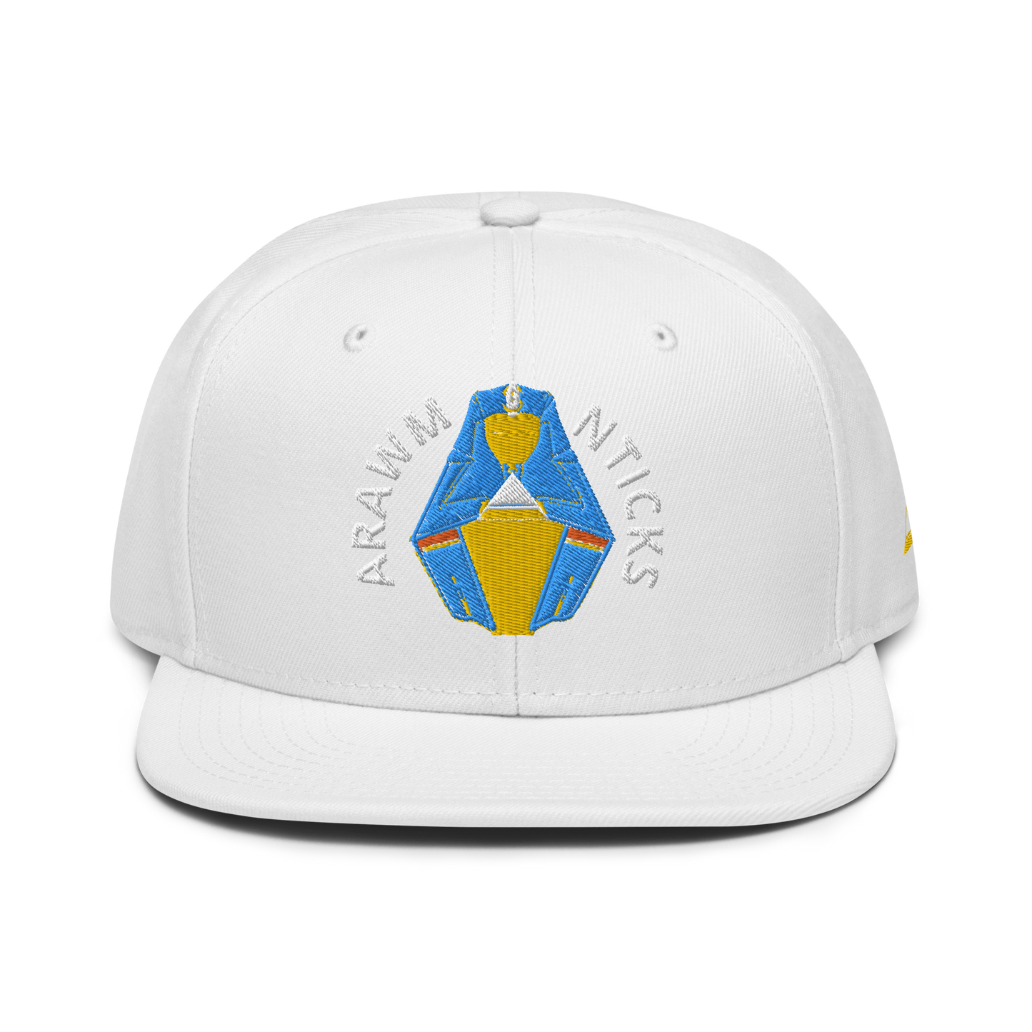 White Snapback Hat with Blue and Gold Sleeping Pharaoh Embroidery - ARAWMANTICKS Front Mockup
