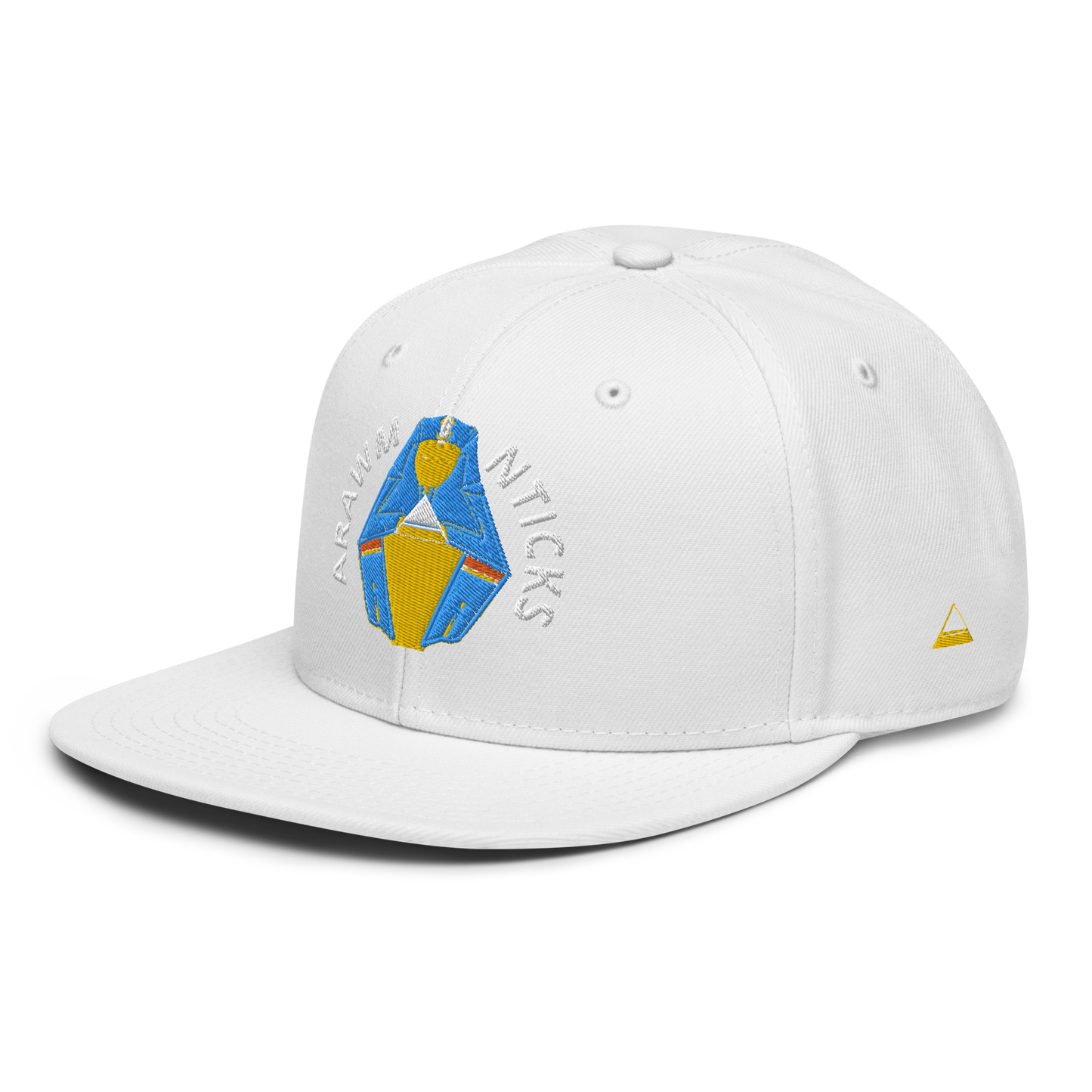 White Snapback Hat with Blue and Gold Sleeping Pharaoh Embroidery - ARAWMANTICKS Left Front Mockup