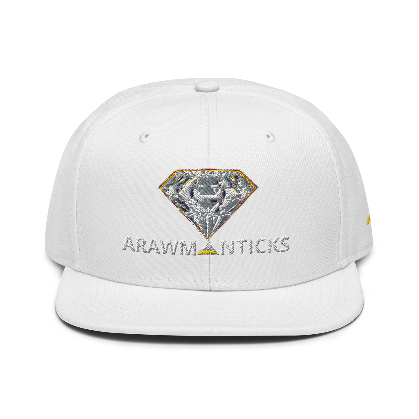 White Snapback Hat with Bright Diamond 'A' Front Embroidery - ARAWMANTICKS Front Mockup