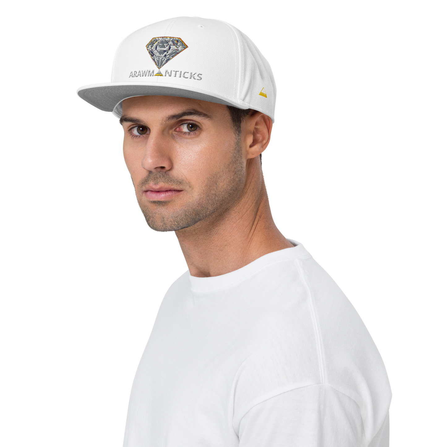 Male Model Wearing White Snapback Hat with Bright Diamond 'A' Front Embroidery - ARAWMANTICKS
