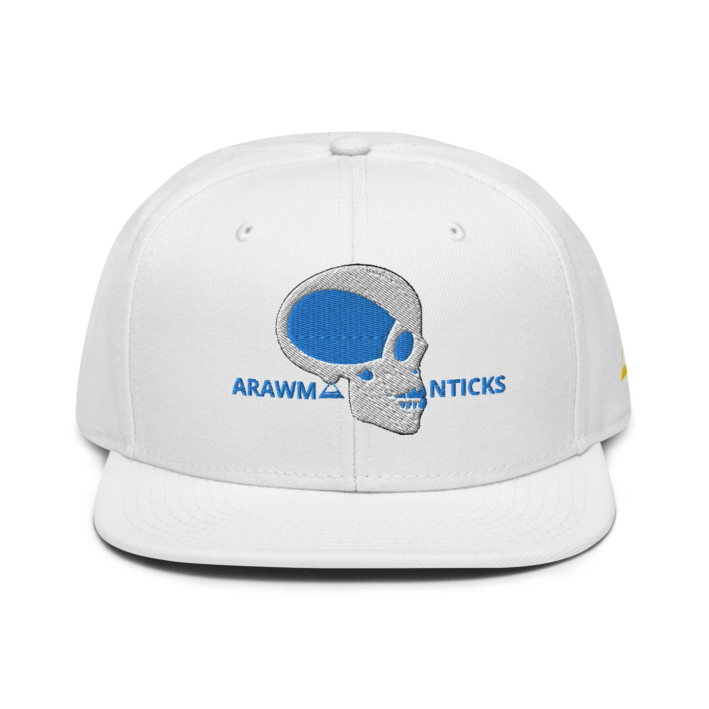 White Snapback Hat with White and Blue Skull Embroidery - ARAWMANTICKS Front Mockup